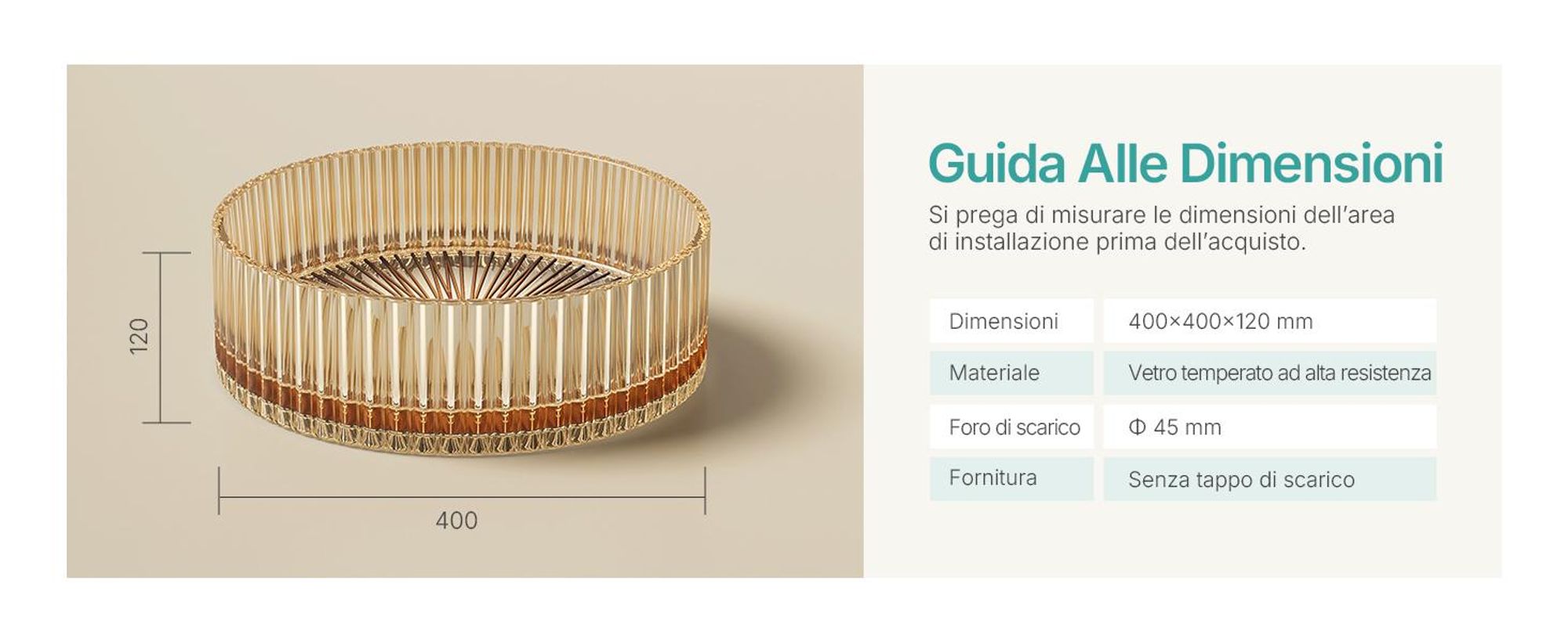 Lavabo da appoggio EMKE rotondo 400x400x120 mm in cristallo temperato placcato oro rosa senza foro per rubinetto e troppopieno, design moderno