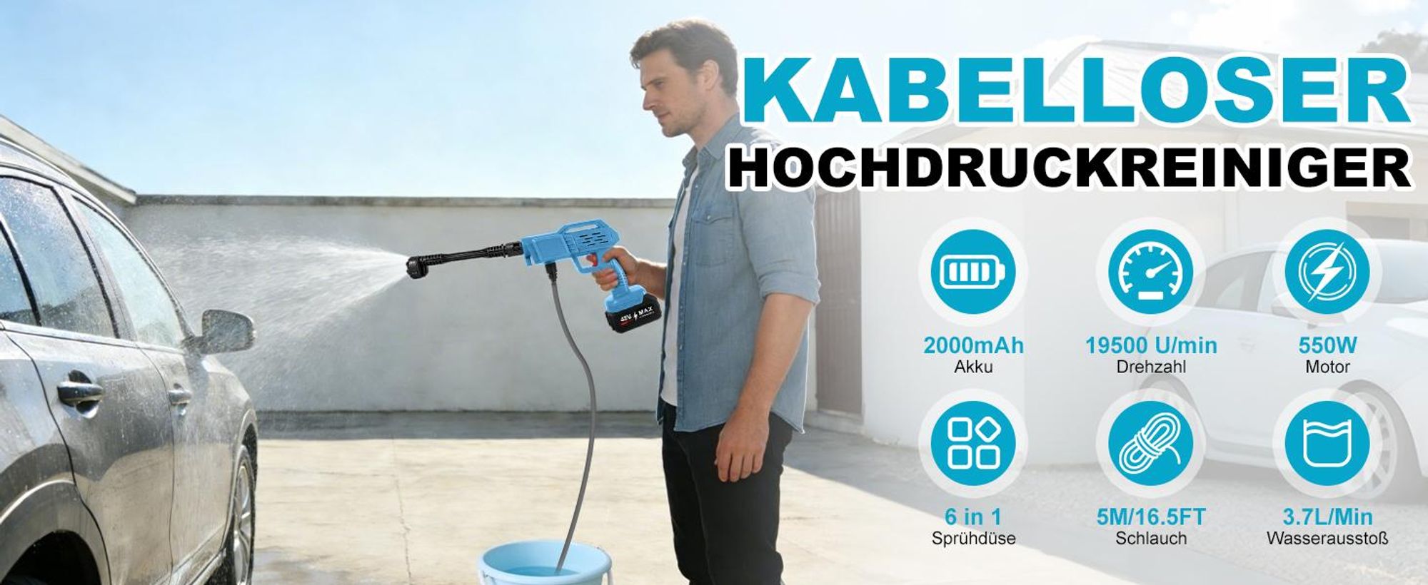 Akku Hochdruckreiniger, Akku-tragbare Hochdruckreinigungsmaschine, KFZ-Reiniger mit 2 Akkus, 5m Schlauch, Schaumkrug, zur Autos, Gärten und Lagern