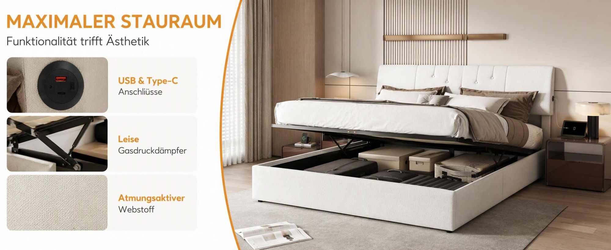 INONEFT Polsterbett Boxspringbett 140x200 mit Stauraum, Doppelbett mit USB/C und Verstellbares Kopfteil, Hydraulisch Stauraumbett, Teddy-Fleece, Weiß.