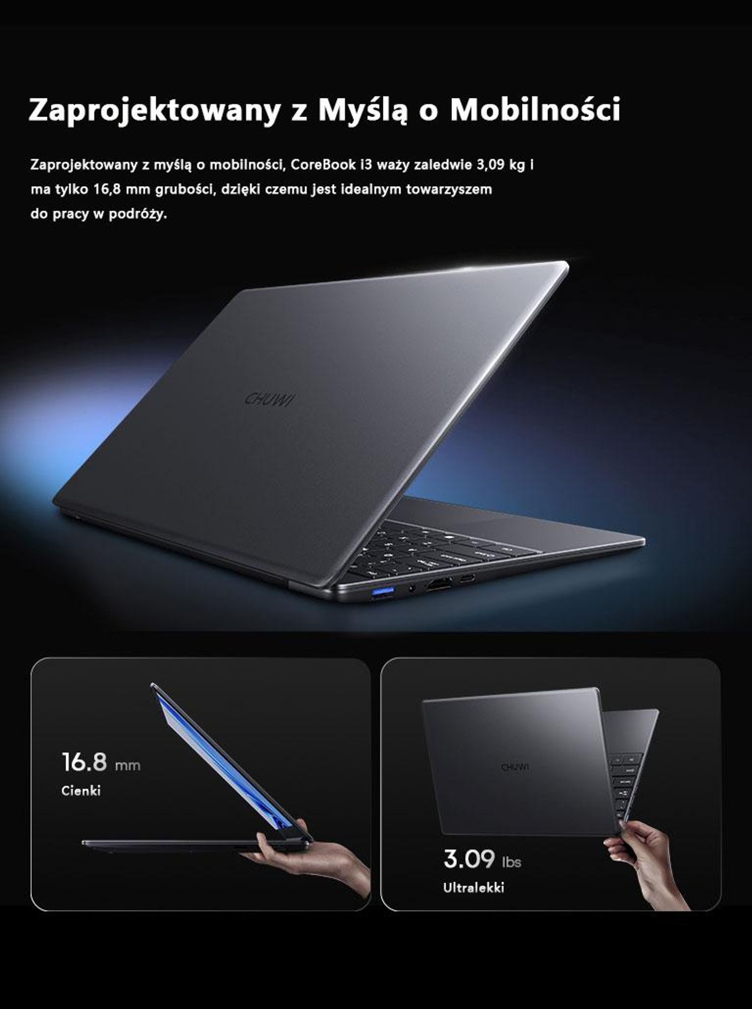 CHUWI CoreBook i3 laptop - 14 Calowy Procesor Intel i3-10100Y 8GB 256GB Windows 11 ultralekki - Szary