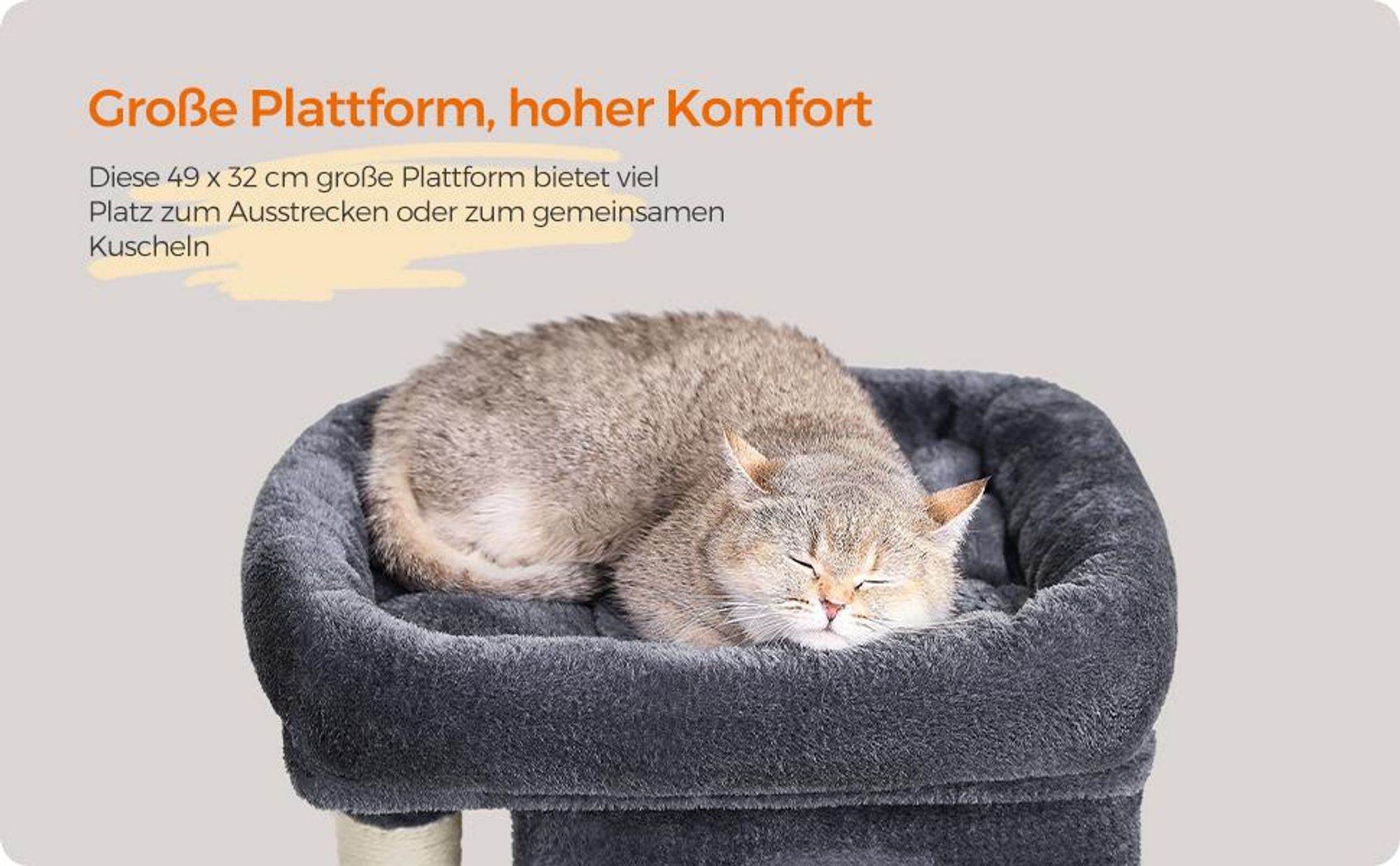 Feandrea Kratzbaum, 74 cm Katzenbaum, M, Katzenhaus für mittelgroße Katzen bis zu 5 kg, große Plattform, 2 Katzenhöhlen, Sisalstämme, rauchgrau PCT612G01