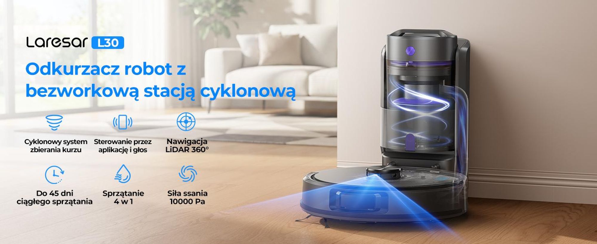 Robot odkurzający Laresar z nawigacją laserową, robot odkurzający o mocy 10 000 Pa, zamiatanie, odkurzanie i mycie – 4 w 1, model L30+