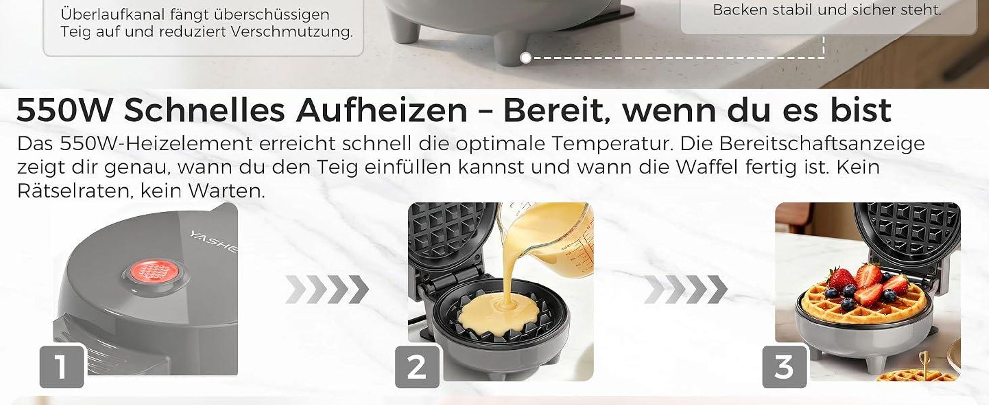 YASHE Mini Waffeleisen 550W, Antihaft-Waffelmaschine, Grau