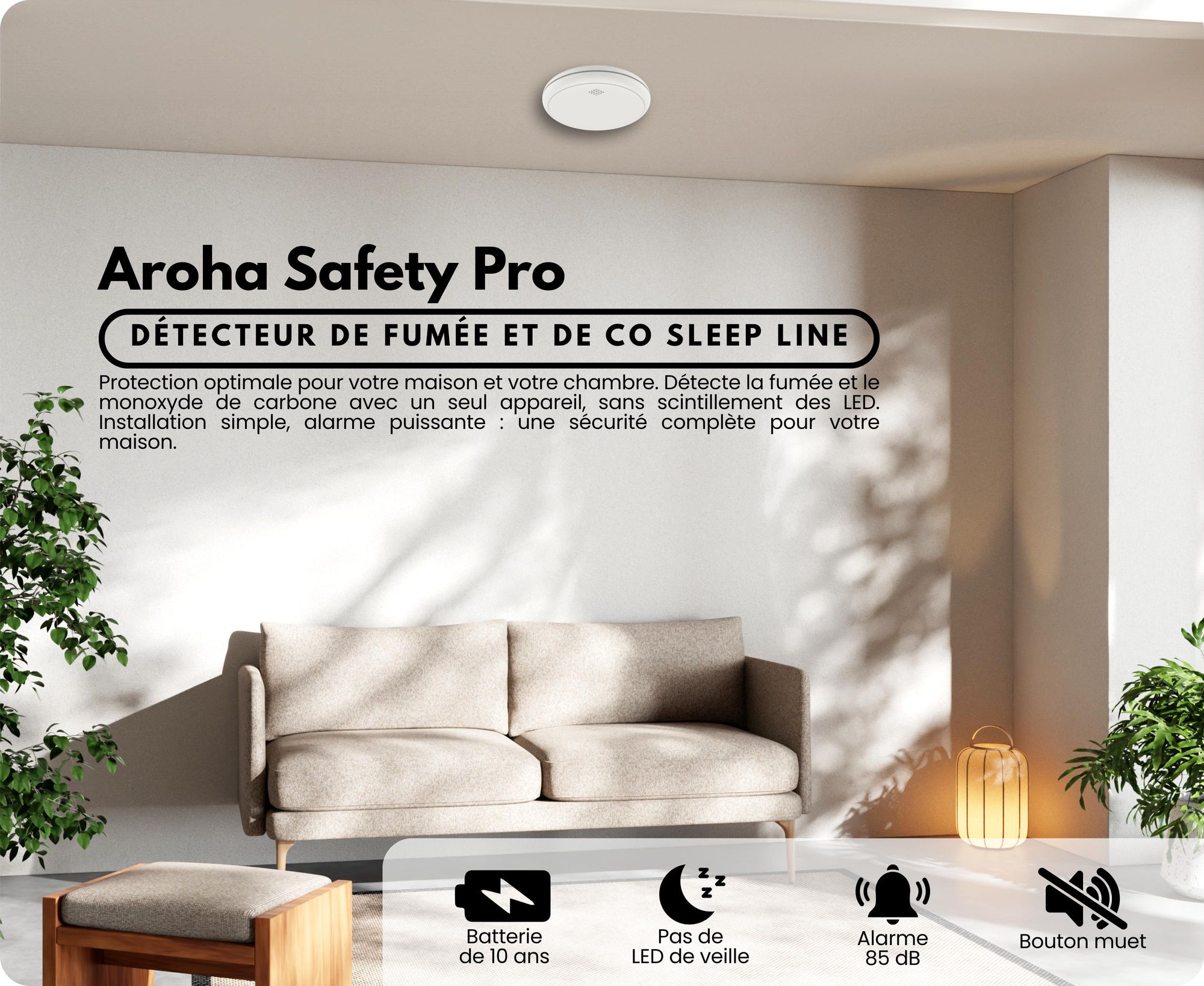 Aroha Safety Pro Détecteur Combiné avec Fumée et Monoxyde de Carbone - Batterie de 10 Ans -Alarme Incendie & de Monoxyde de CO Sleep Line - 5 pièces