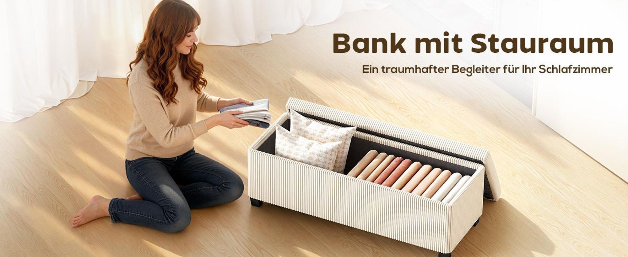 HOMCOM Sitzbank mit Stauraum Polsterbank mit Cord-Optik, Stahlbeine, Beige