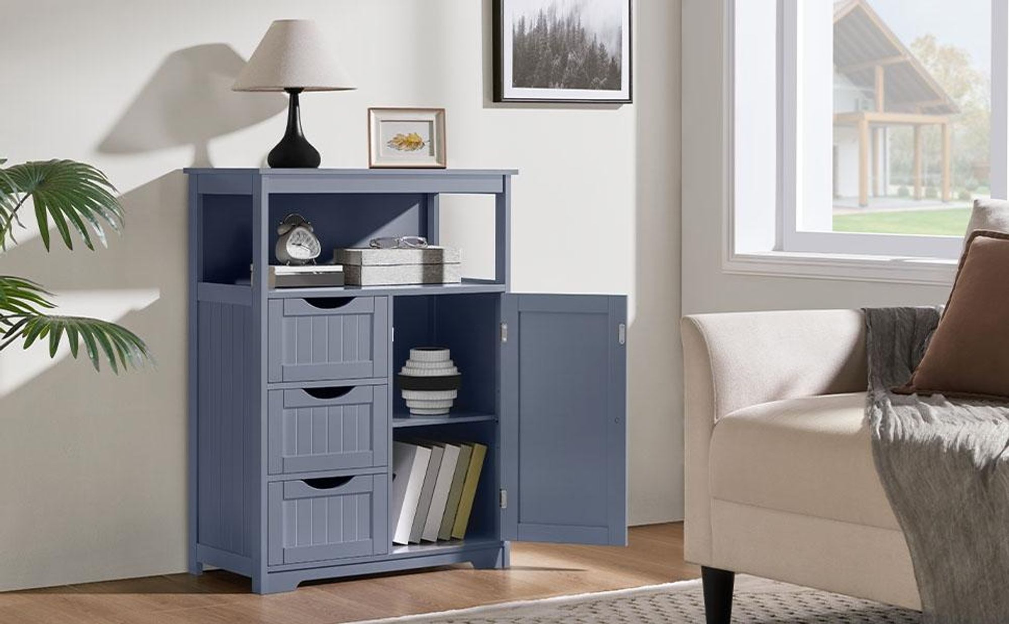 Yaheetech Badezimmerschrank Beistellschrank aus Holz mit 3 Schubladen & verstellbarer Ablagefläche, 90cm H, Grau