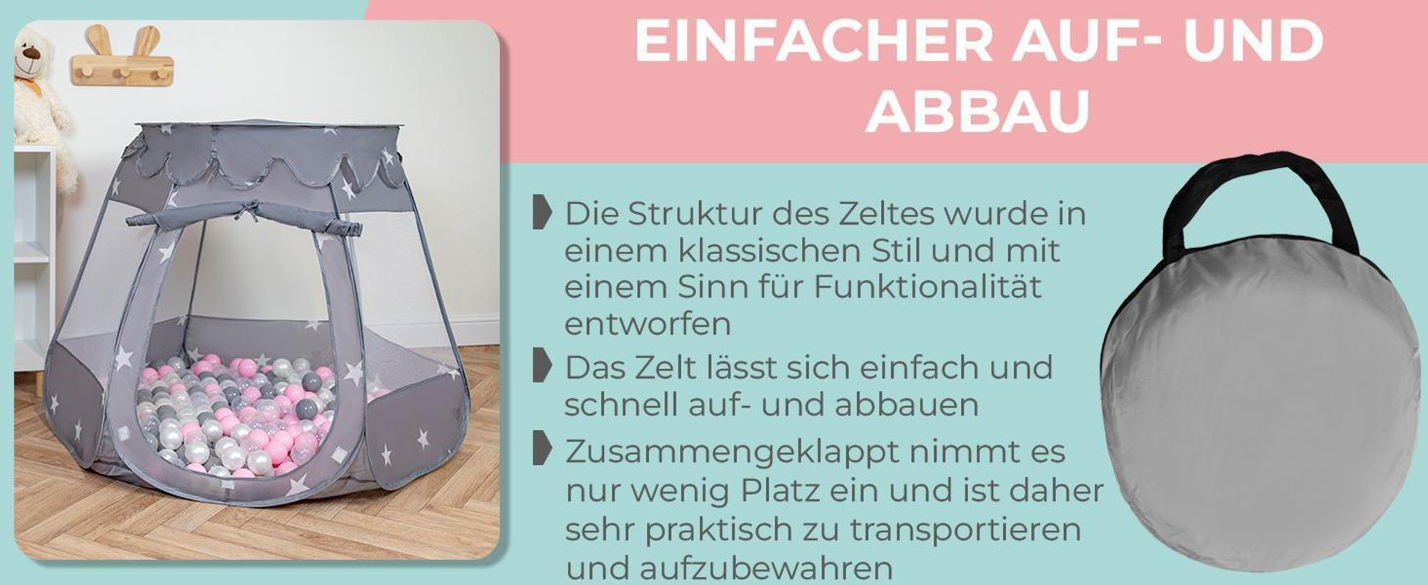 Selonis Spielzelt Kinder 105x90cm mit 100 Bunte bälle ∅6cm - Zelt kinderzimmer Kinder spielzelt Bällebad zelt Babyzelt Höhle - Für Jungen - Grau