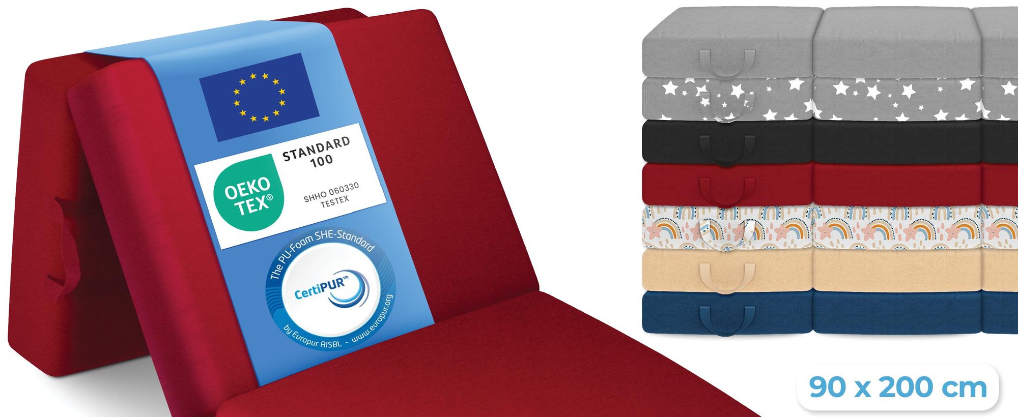 ELONEO Opklapbare matrassen, gastenmatrassen, 3-delige opvouwbare matrassen, extra dik schuim (15 cm), geschikt voor mensen met rugproblemen, opvouwbaar, (rood)