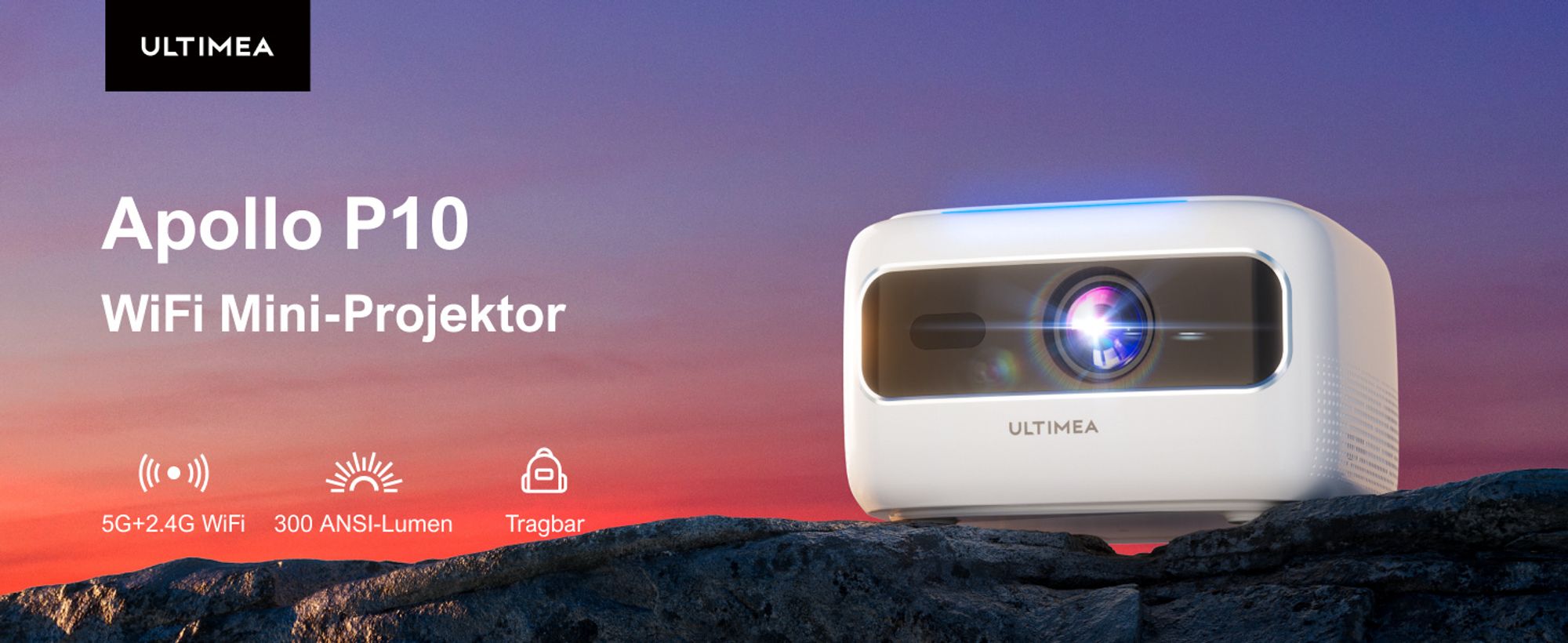 ULTIMEA Apollo P10 Full HD 1080P Decoding Beamer, 5G+2.4G WiFi Bluetooth Projektor, Tragbarer Mini Beamer Full-HD, 300 ANSI-Lumen