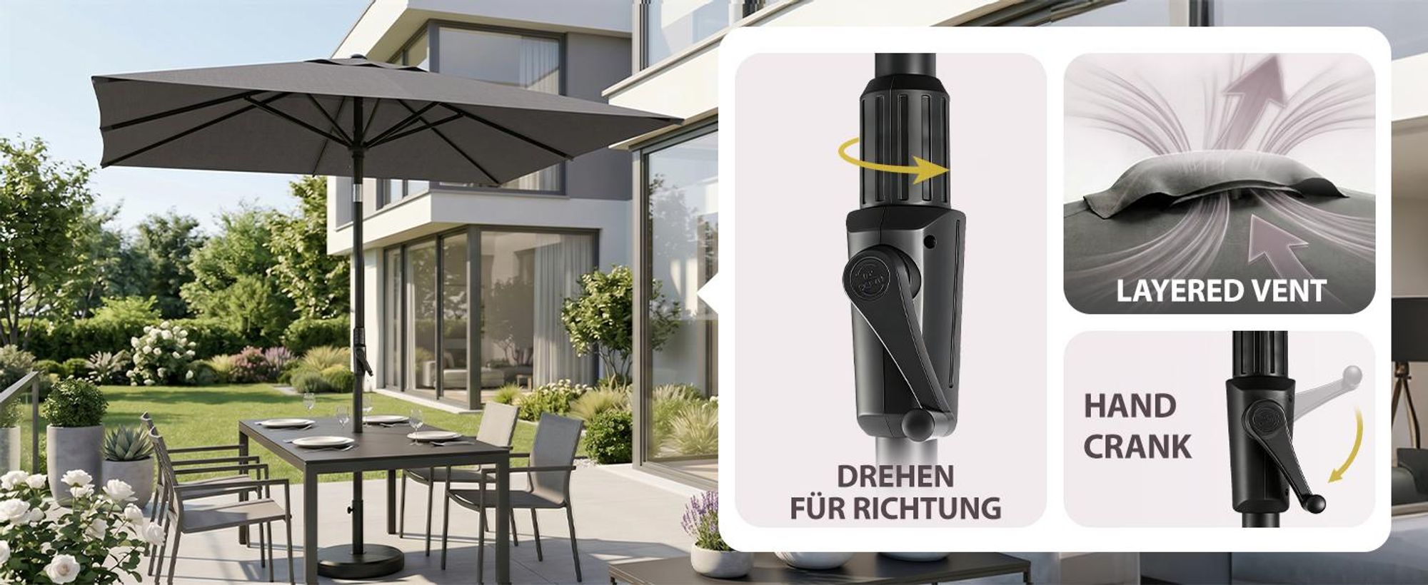 Sekey Rechteckiger Sonnenschirm 210x140 cm, Marktschirm mit Kurbel neigbar, 30° knickbar, UV50+ Sonnenschutz, wetterfester Gartenschirm für Garten