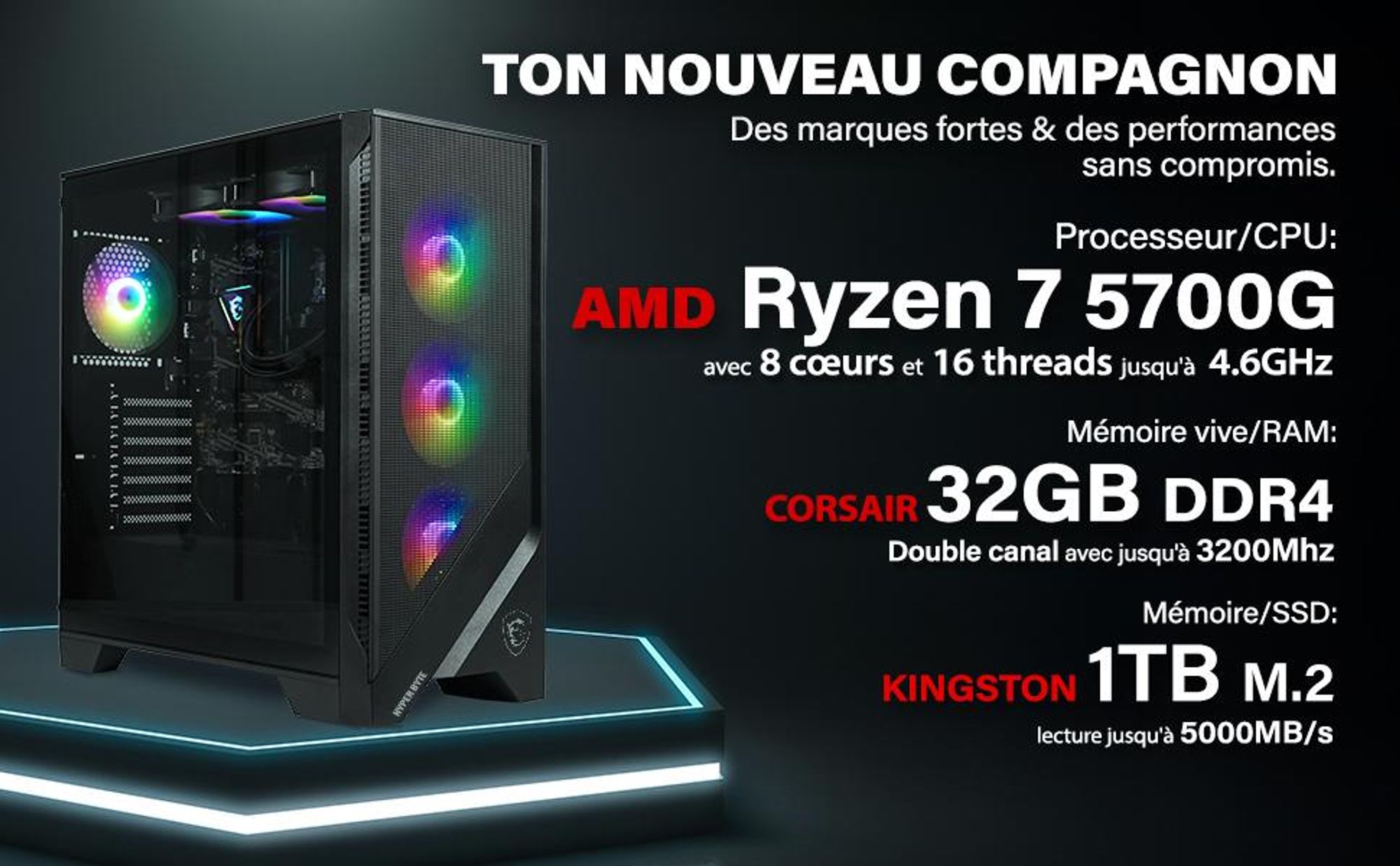 HYPER BYTE® - PC Gamer - Kit complet | AMD Ryzen 7 5700G | 16GB RAM | 1TB SSD | Watercool | Moniteur 25 pouces | Souris & Clavier | WLAN + Win 11 Pro