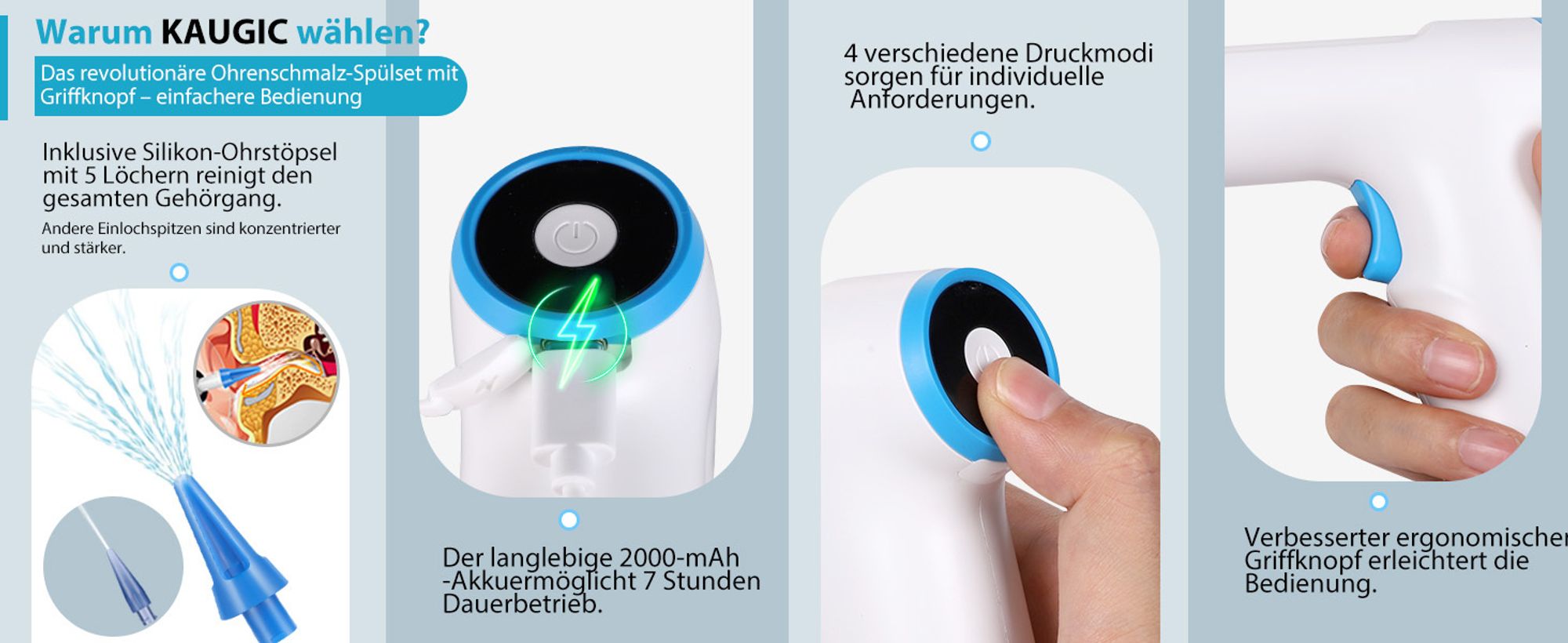 Ohrenschmalz-Entferner, Ohrenreiniger, elektrischer Ohrenreiniger, Ohrendusche, Ohrenreinigungsset mit 4 Reinigungsmodi und 10 Ohrstöpseln