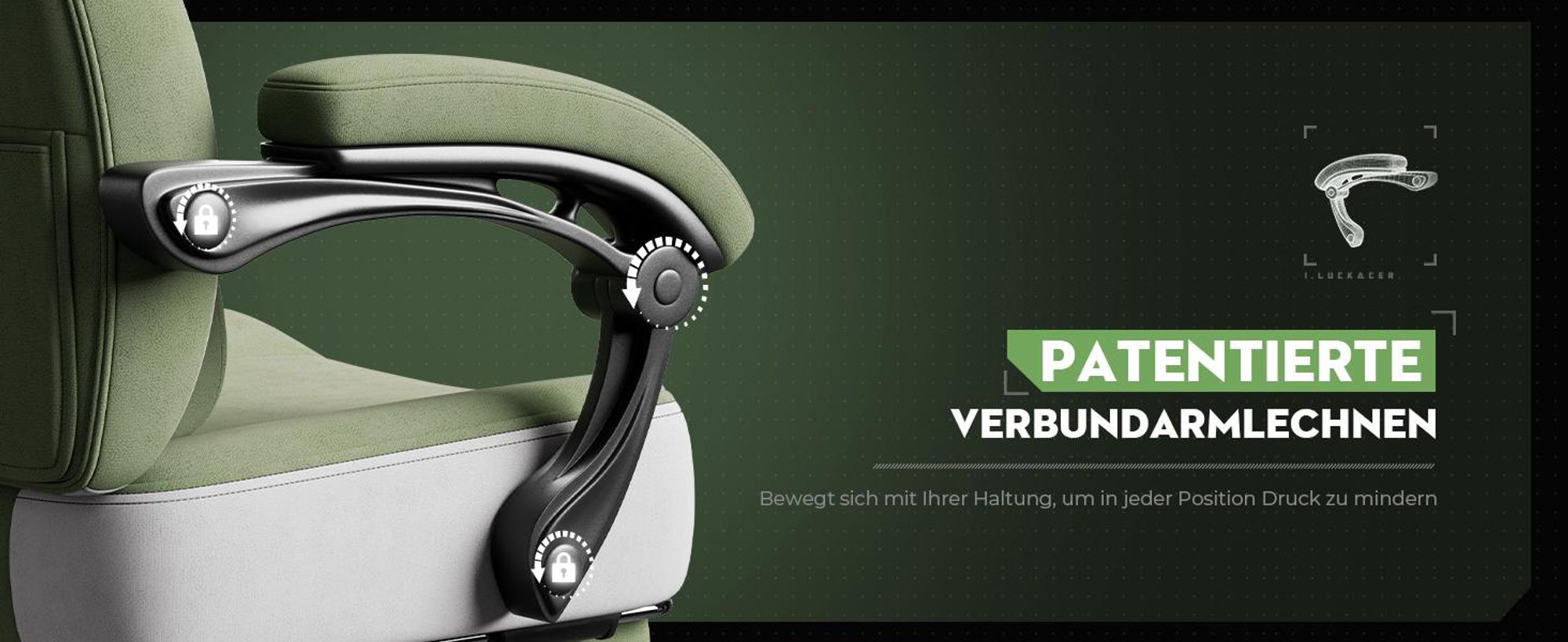 LUCKRACER Gaming Stuhl, Bürostuhl mit verbundenen Armlehnen, Memory-Schaum-Kissen, 90–155° Neigungswinkel und Fußstütze, strapazierfähigem Funktionsge