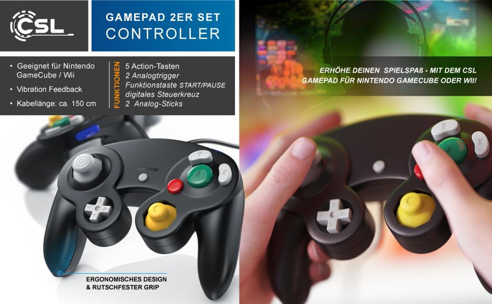CSL 2x Nintendo-Controller, Gamepad für Nintendo GameCube / Wii Vibrationseffekte / ergonomisch