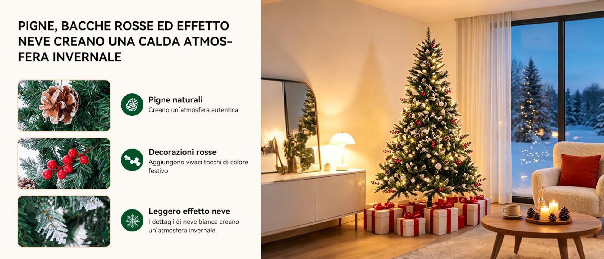 Effetto innevato, pigne e bacche rosse per un’atmosfera di bosco invernale
