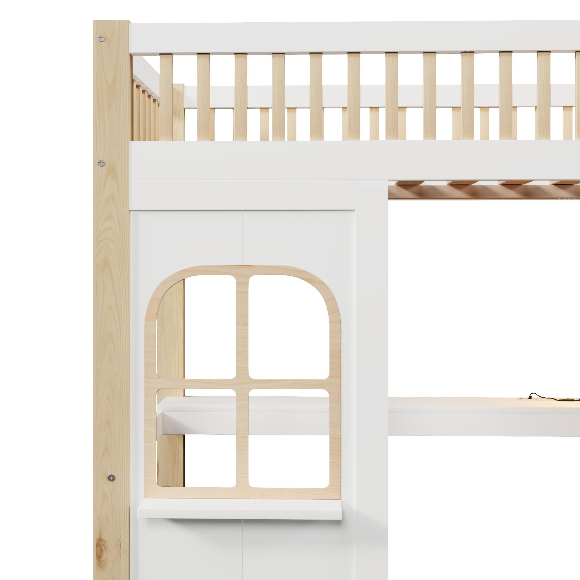 Flieks Etagenbett 90x200cm mit Schreibtisch und Ladefunktion, Kinderbett Hausbett mit Regal, Hochbett Einzelbett mit Led, Stockbett Naturbelassen