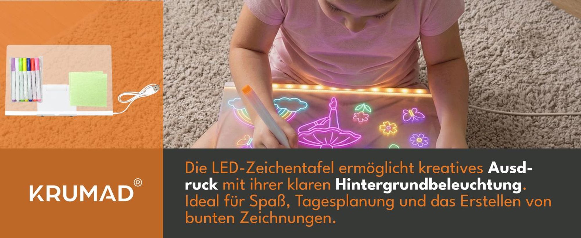 KRUMAD LED Notiztafel 30x20 cm Acryl Transparent mit Farben, Wiederverwendbare Schreibtafel mit USB, Leuchttafel für Notizen Zeichnen Büro