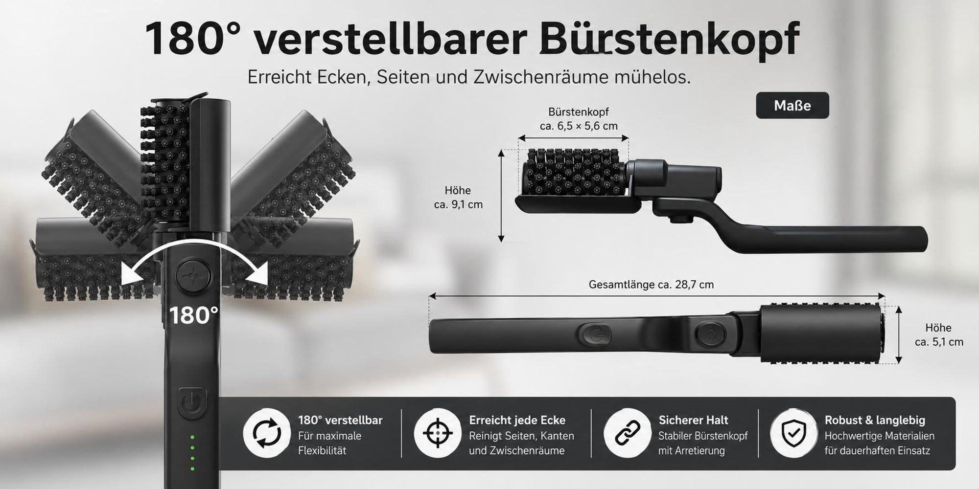 Elektrische Grillbürste kabellos Profi-Set, 2600mAh Akku, 3 Stufen, 180° verstellbarer Bürstenkopf, Edelstahl, USB-C BBQ Reiniger