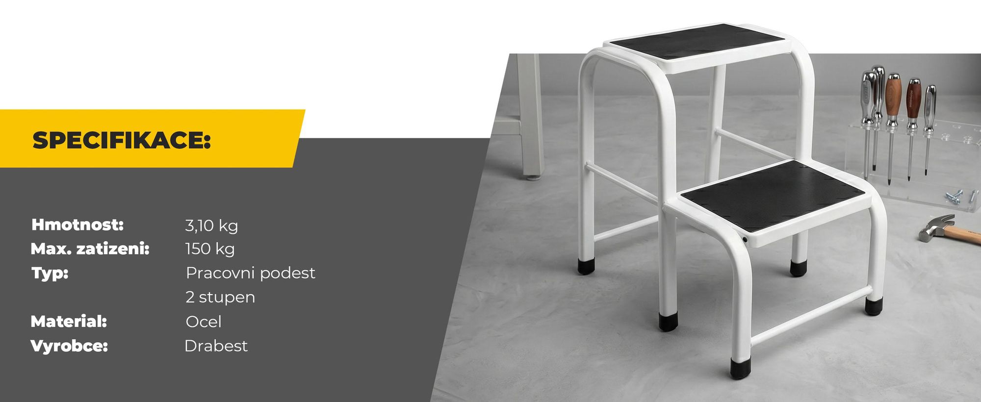 Drabest | Ocelová stolička – 2 stupně – stabilní a robustní – protiskluzové nožičky – nosnost 150 kg – pro domácnost, kancelář a opravy