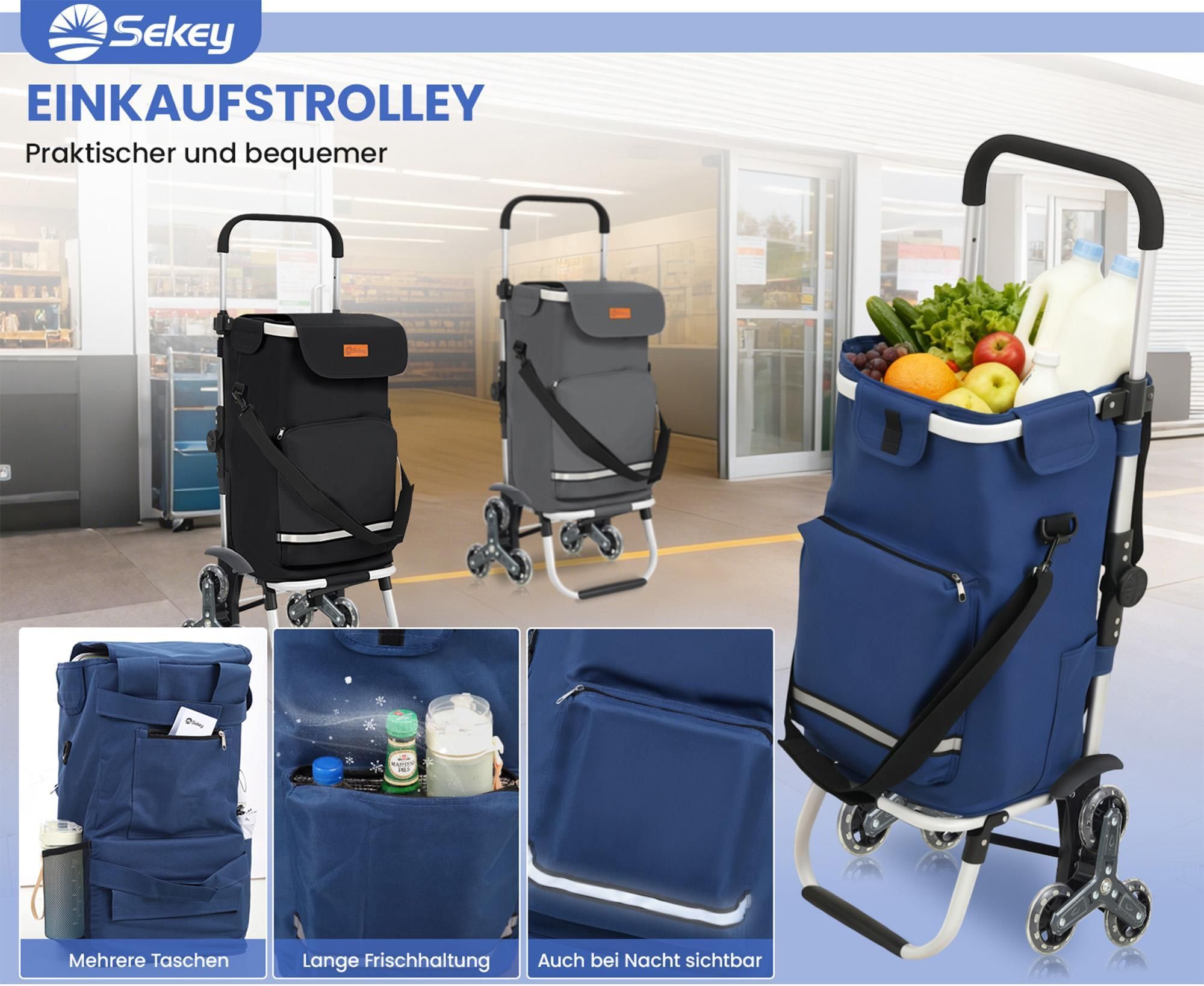 Sekey Einkaufstrolley Treppensteiger Klappbar Einkaufswagen mit Kühlfach Einkaufshilfe Trolley mit Spanngurt und höhenverstellbarem Griff, Rot