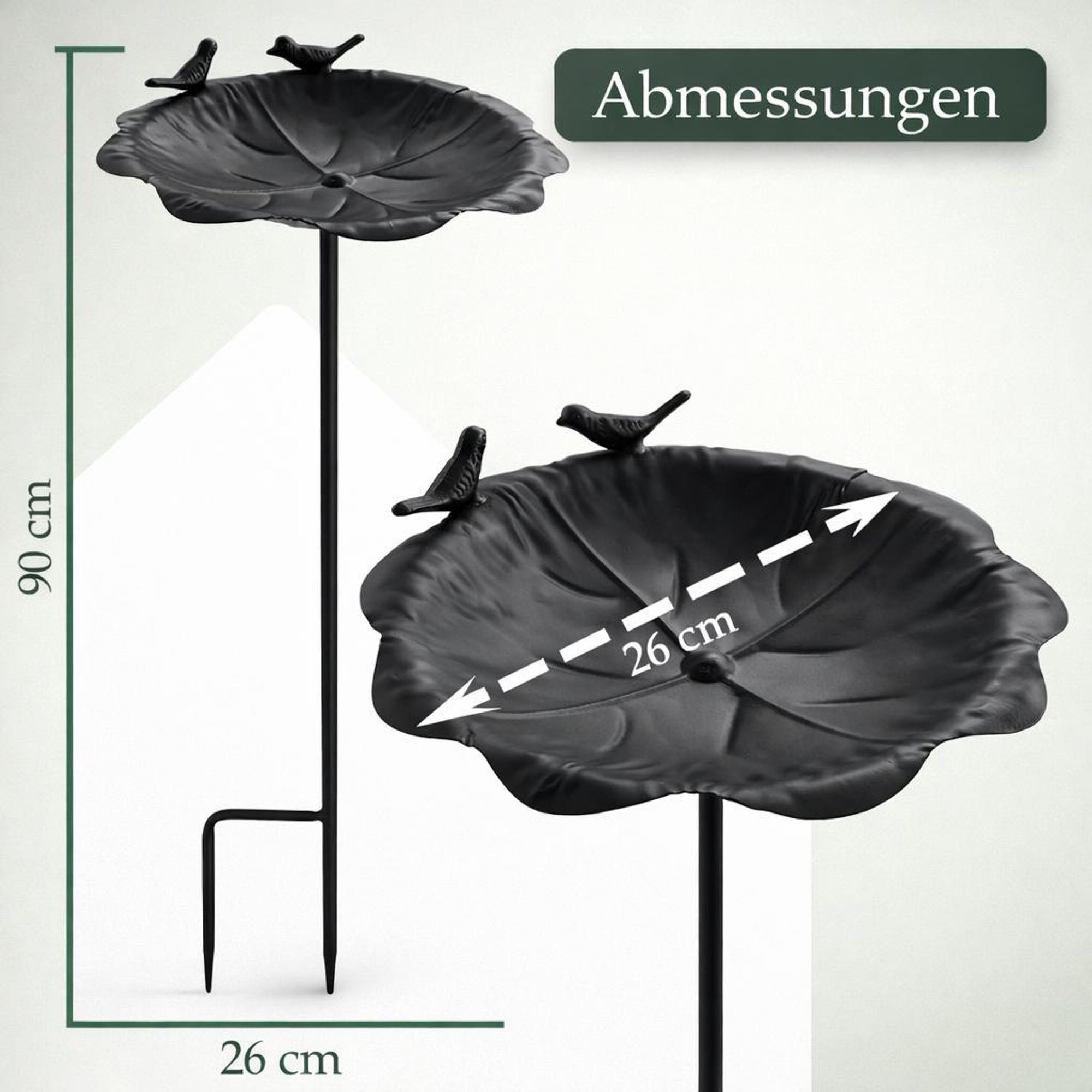 Vogeltränke Stehend Metall 90 cm – Vogelbad & Futterstelle mit Erdspieß, wetterfest & Winterfest, für Wildvögel Garten Rasen Hof, Schwarz