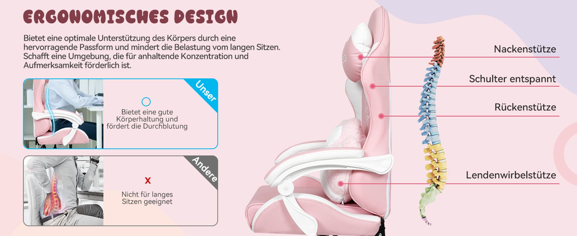 Puluomis Gaming Stuhl mit Fußstütze, Bürostuhl Chefsessel Schreibtischstuhl Racing Stuhl ergonomisch drehbar höhenverstellbar Katze Weiß Pink