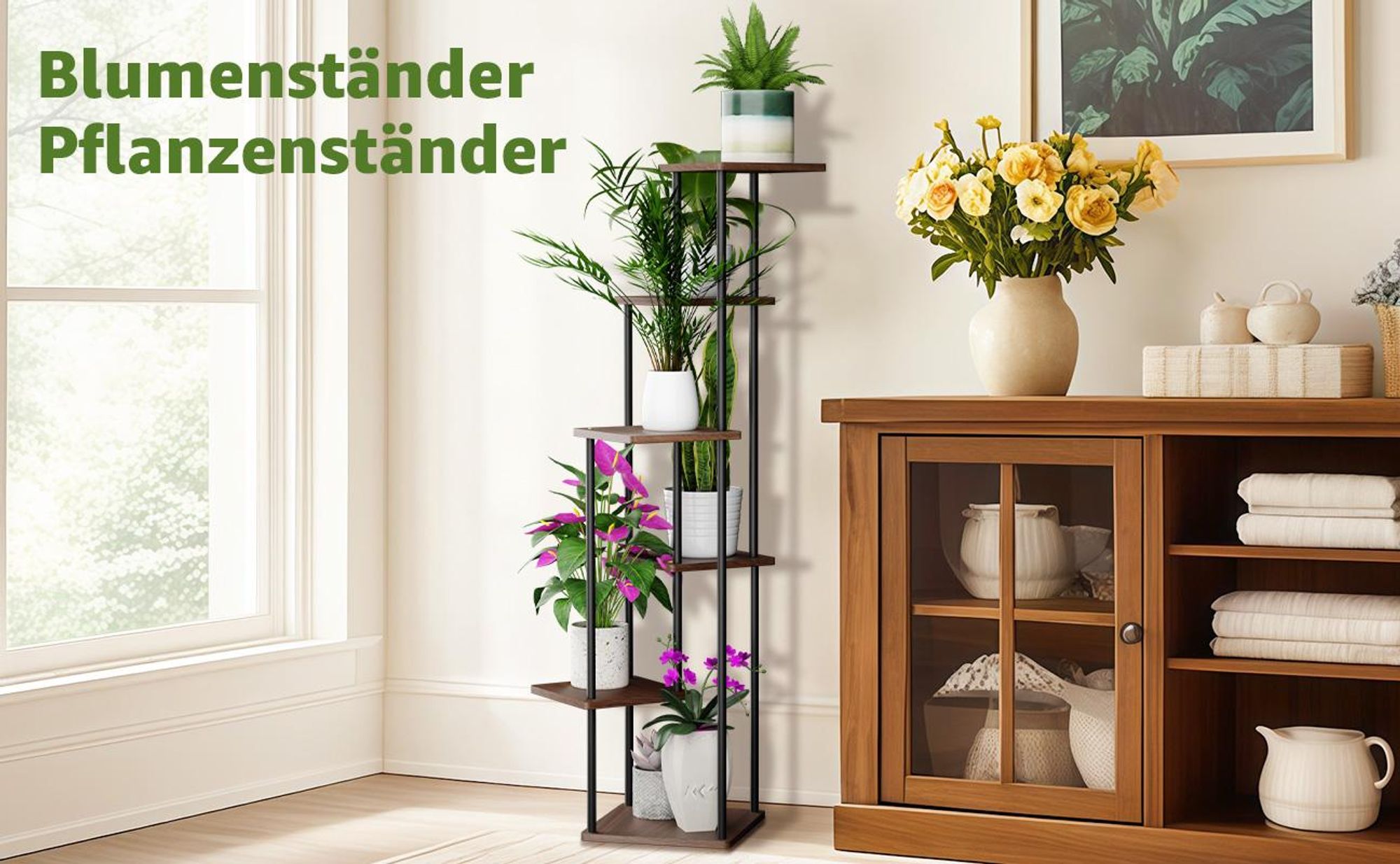 Mulisoft 6-Tier Hölzern Blumenregal Pflanzenregal, Mehrstöckig Blumenständer Pflanzenständer, Blumenbank Blumentreppe Pflanzentreppe, Standregal für Innen Garten Balkon Deko, Braun