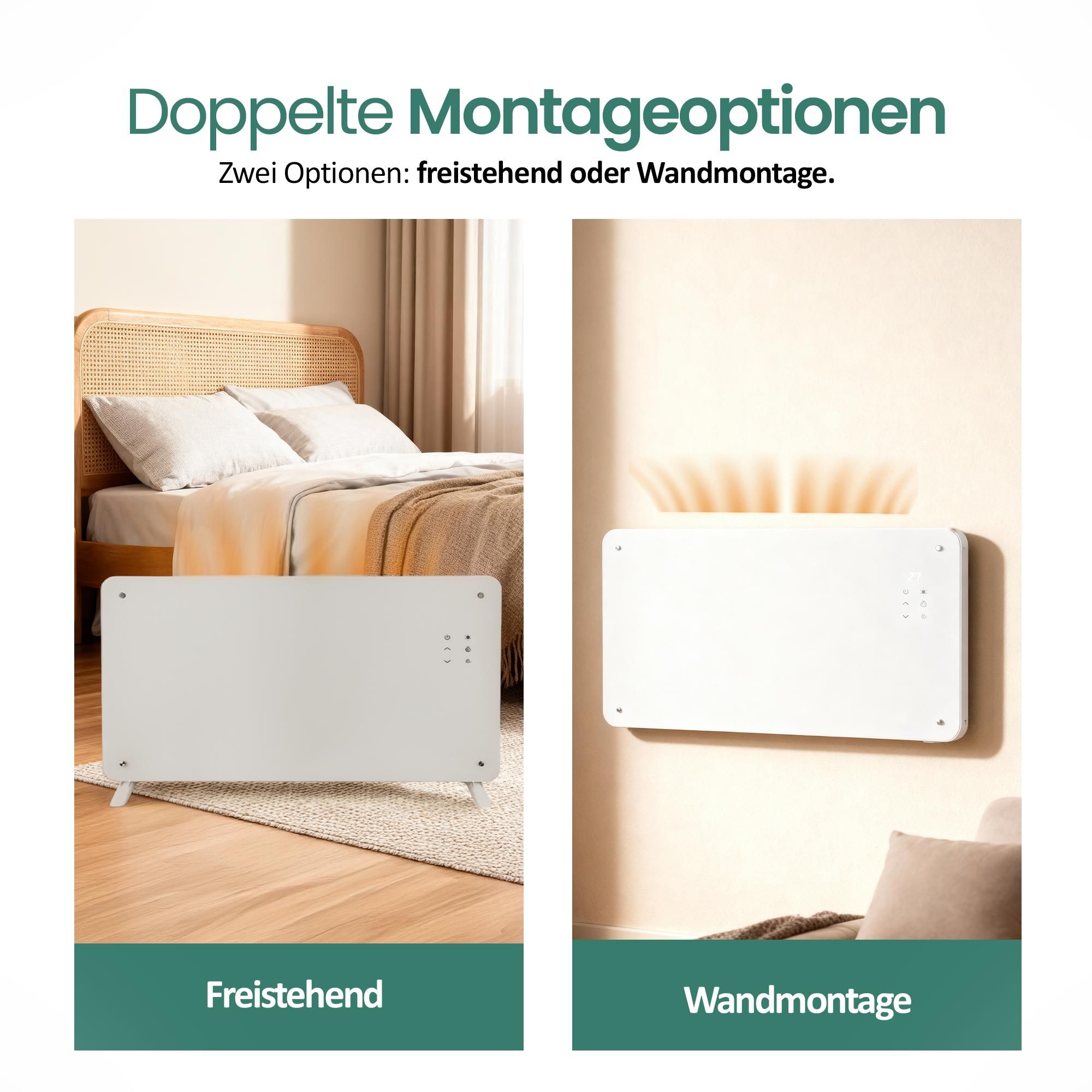 Emerio Glasheizkörper GR-133080.1 - 25 m² - 2000W - 2 Heizstufen - Timer - Fernbedienung - IP24 - Kippschutz - Wand- oder Standmontage - Display