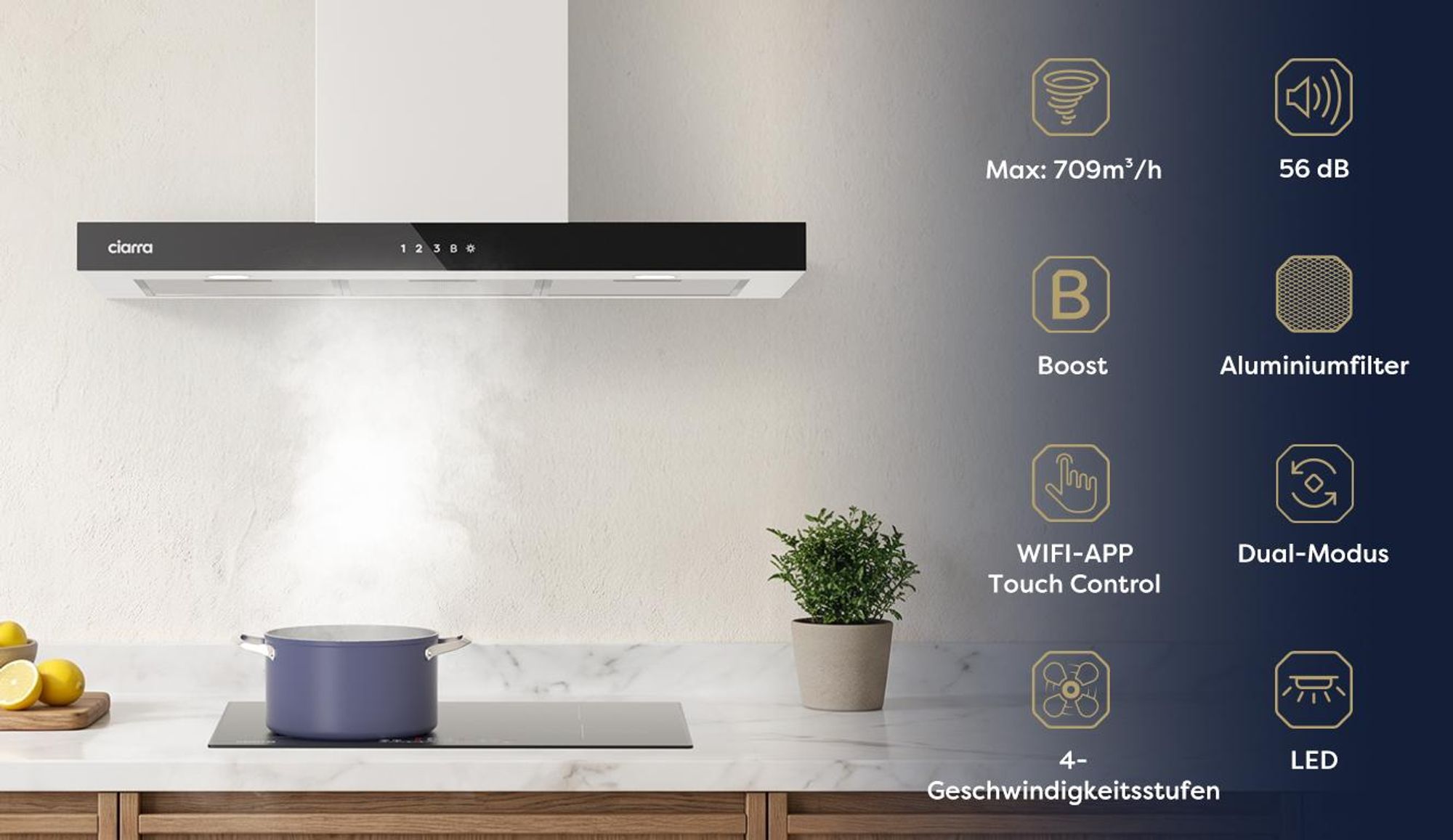 CIARRA Wandhaube 90cm A+++ 709 m³/h Dunstabzugshaube WIFI +APP & Touch Control Boost VMS9102
