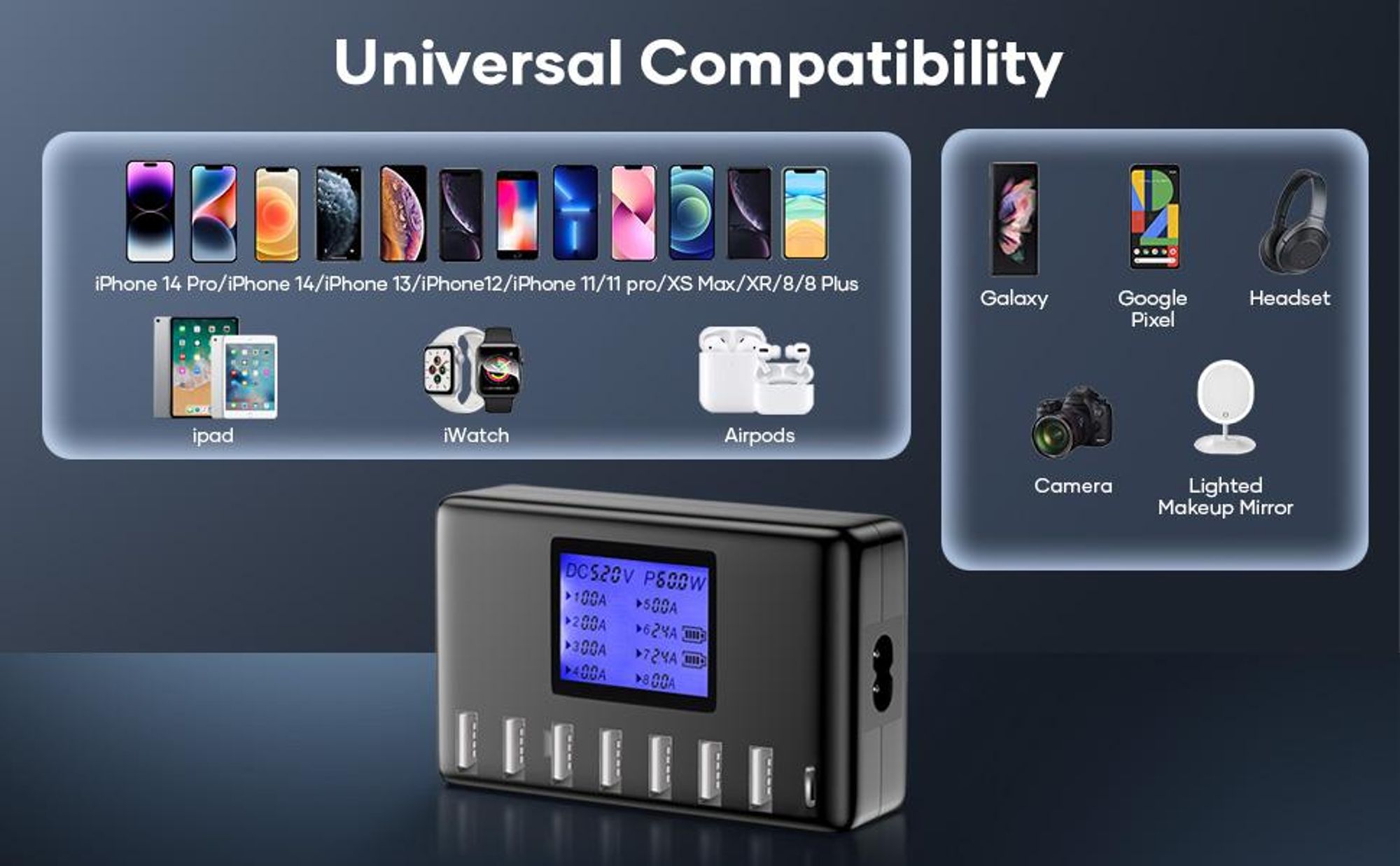 USB Ladegerät, USB Ladestation, 60W 12A 8 Ports Ladestation für Mehrere Geräte, mit LCD Display, USB C Hub für iPhone iPad Android Samsung Huawei