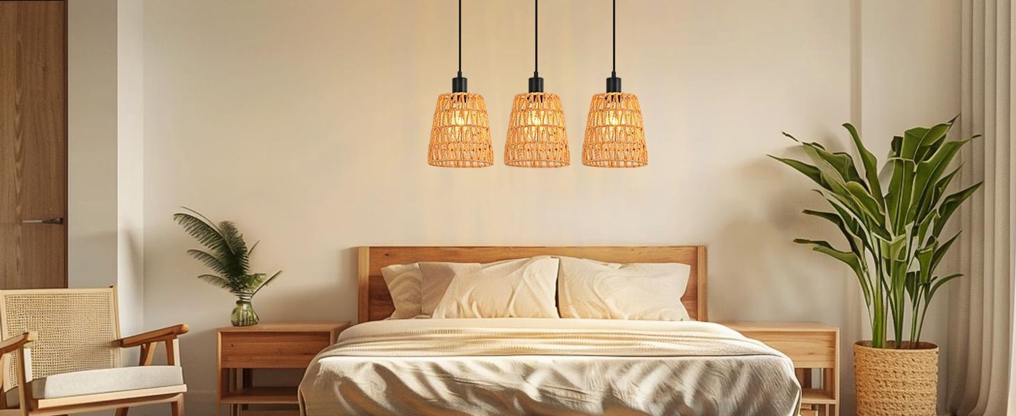 ZMH Hängelampe Boho Pendelleuchte Rattan 3 Flammig Esstischlampe Retro Geflochten Hängeleuchte Lampenschirm Hanfseil E27 Pendellampe Ohne Leuchtmittel