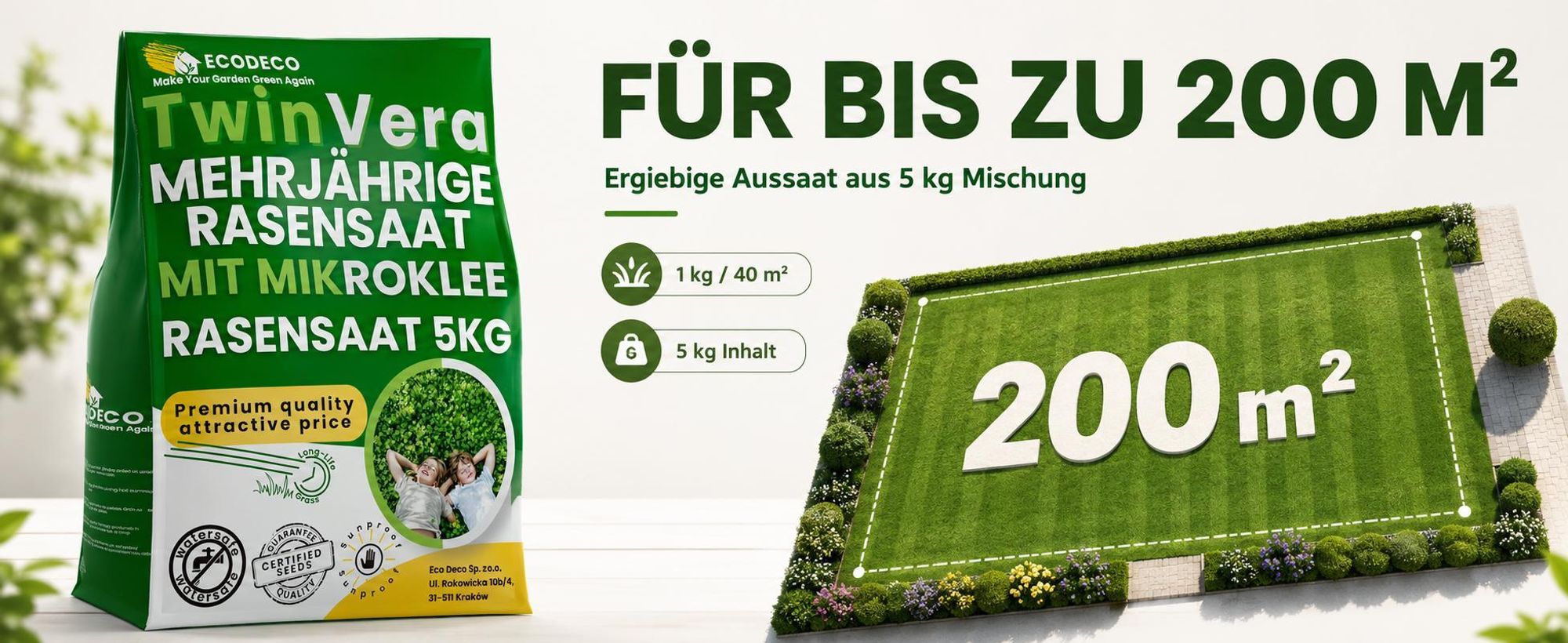 EcoDeco Mikroklee Rasenmischung mit Mikroklee, Rasen mit Mikroklee, mehrjährige Grassamen für Sonne und Halbschatten, 5 kg