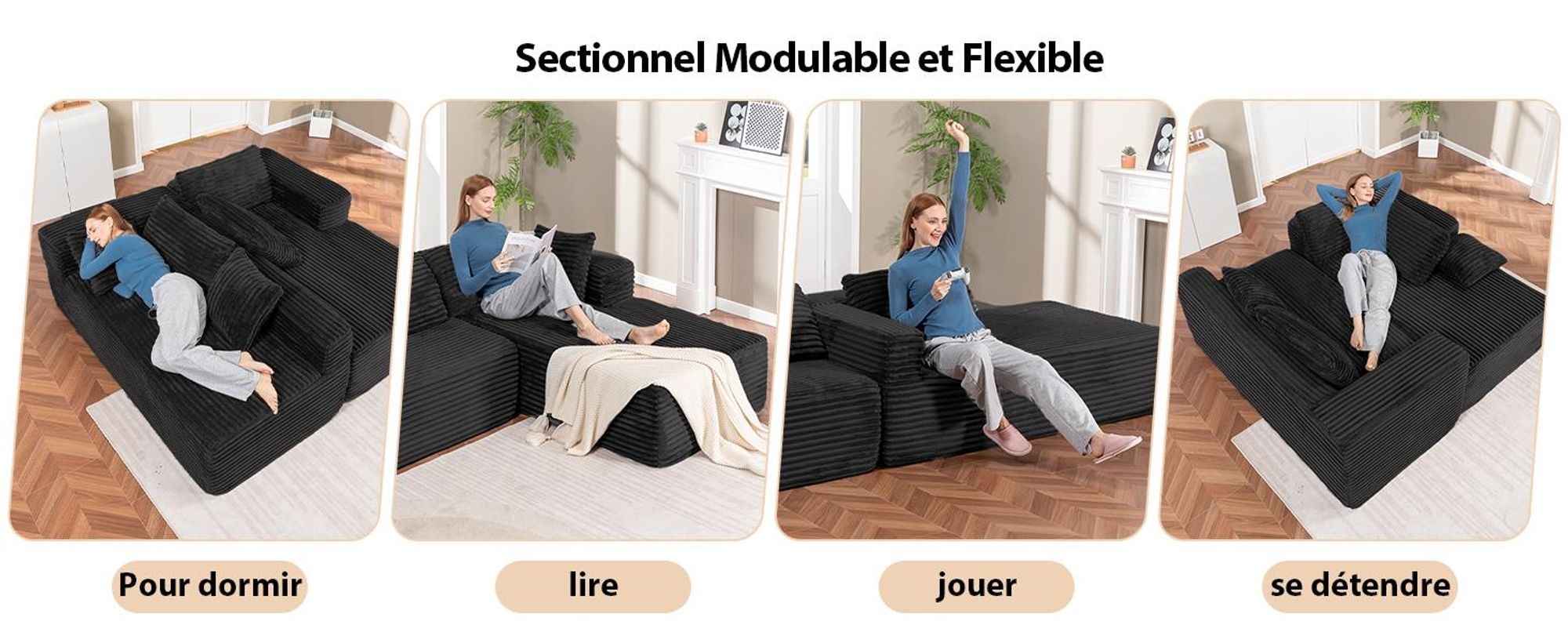 COMHOMA Sofa Big-Sofa, Canapé en L, Canapé d'angle, Chaiselongue Canapé-lit avec assise profonde et larges accoudoirs, tissu velours côtelé, noir-L