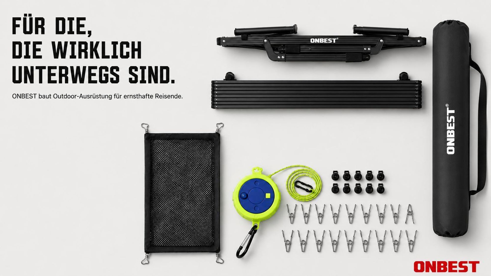 ONBEST Klapptisch | Schwarz | mit Netztasche | Wäscheklammer | Wäscheleine | Tragetasche | Höhenverstellbar | Aufrollbar