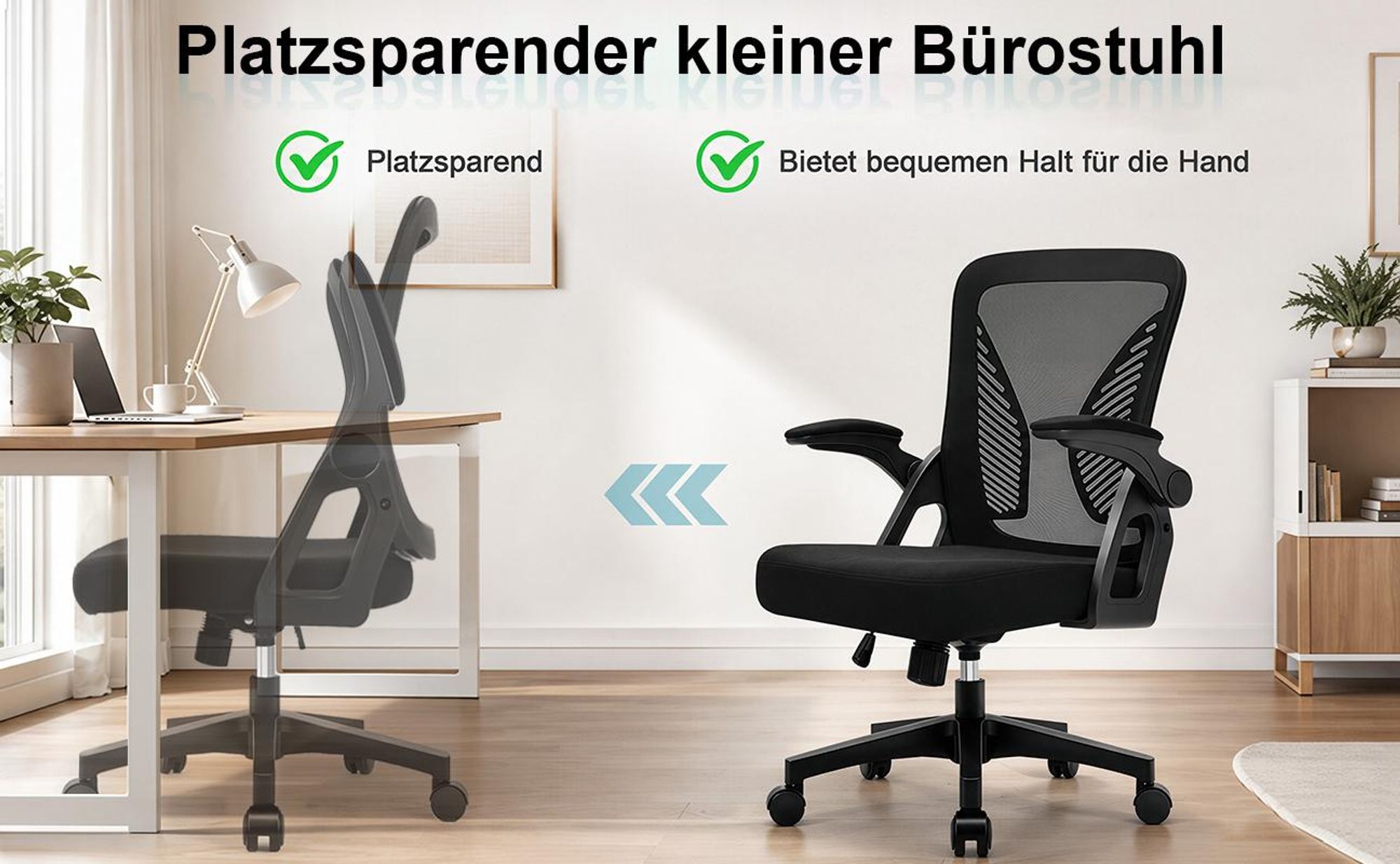 Bürostuhl ergonomisch mit Mesh-Rückenlehne, 90° klappbare Armlehnen, höhenverstellbar, Computerstuhl für Home Office und Büro, bis 150 kg
