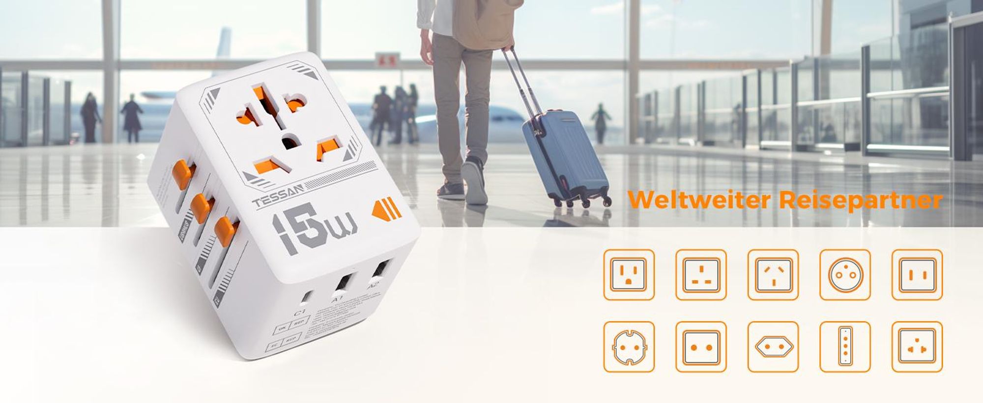 TESSAN Reiseadapter Weltweit Universal Reisestecker mit 1 USB C und 2 USB A Internationaler Steckdosenadapter