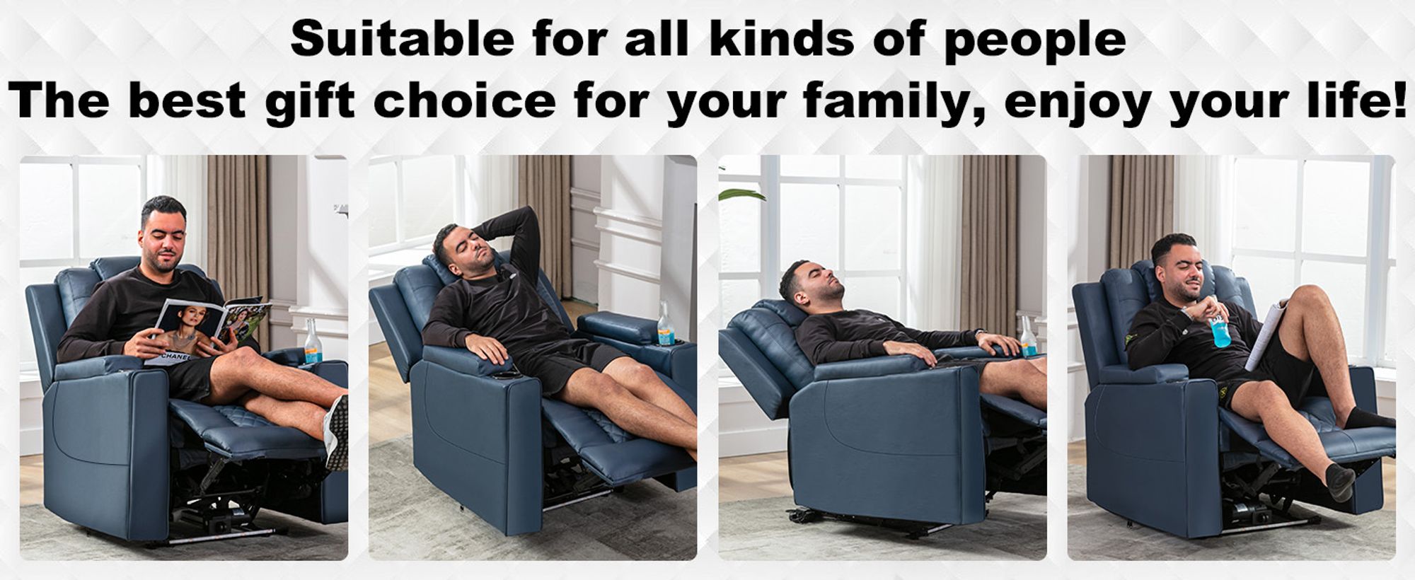 COMHOMA Elektrisch Relaxsessel TV-Sessel mit Massagefunktion mit LED-Lichtern, Fernbedienung, Aufbewahrungstasche, Getränkehalter blau