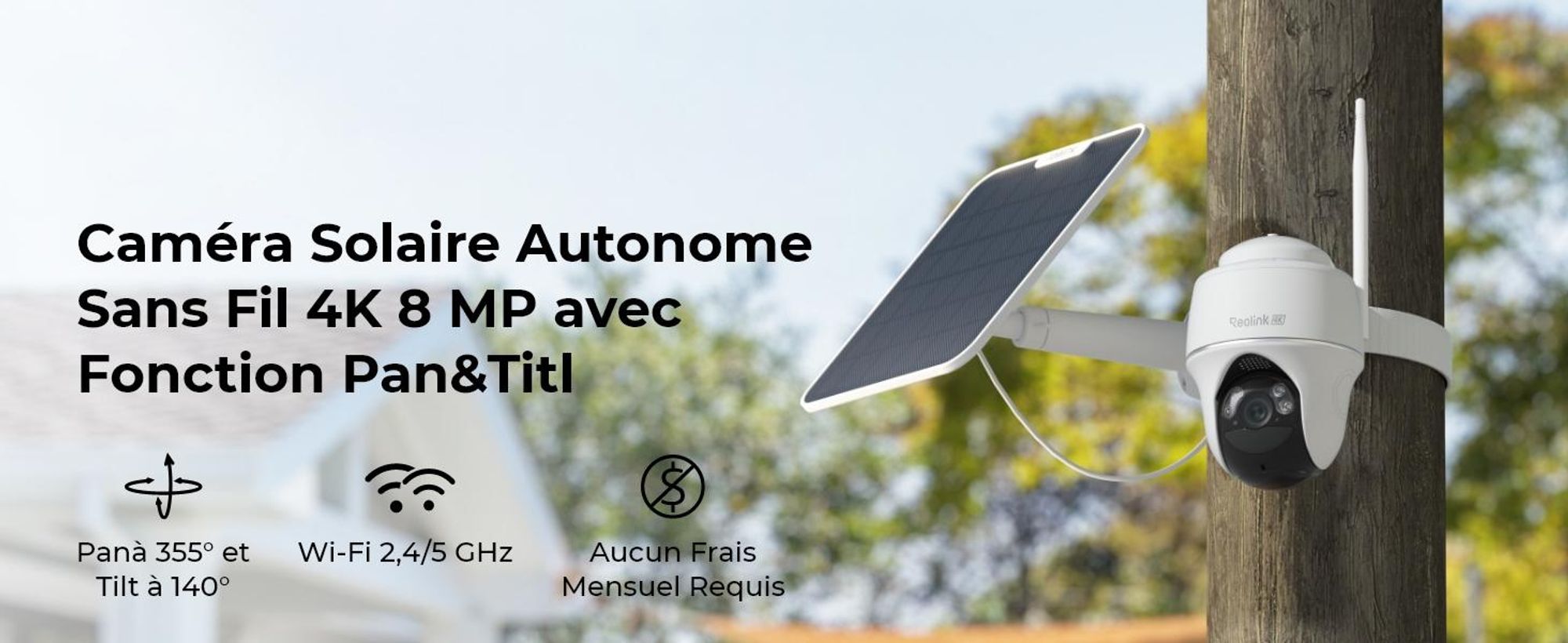 Reolink Argus PT Ultra + panneau solaire, 4K 8MP batterie caméra de surveillance extérieure, 2,4/5GHz WiFi, Pan & Tilt, vision nocturne couleur, détection intelligente, audio 2-voies