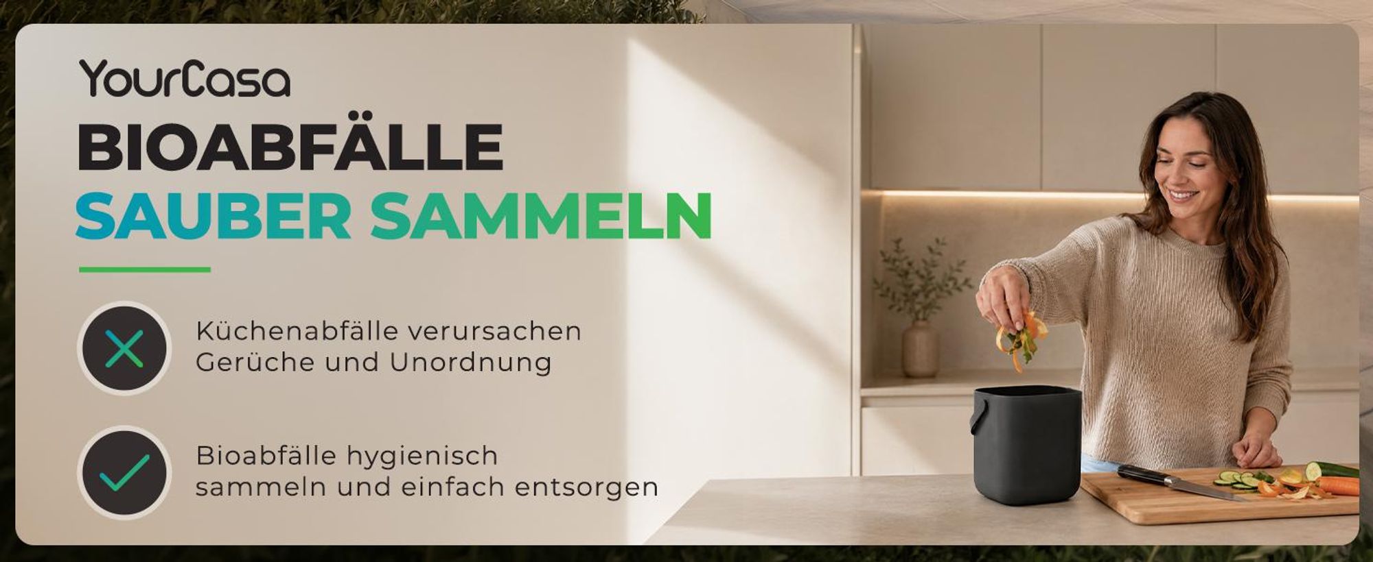 YourCasa Biomülleimer Küche 4L mit Aktivkohlefilter - Mülleimer Geruchsdicht, Komposteimer Küche, Edelstahlgriff, Creme