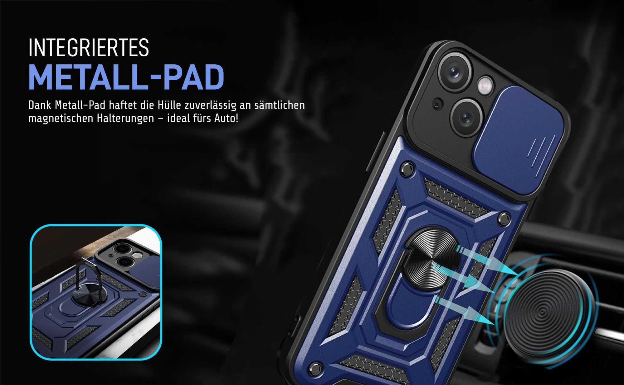 Bumper für Apple iPhone 15 in Blau mit Metallplatte