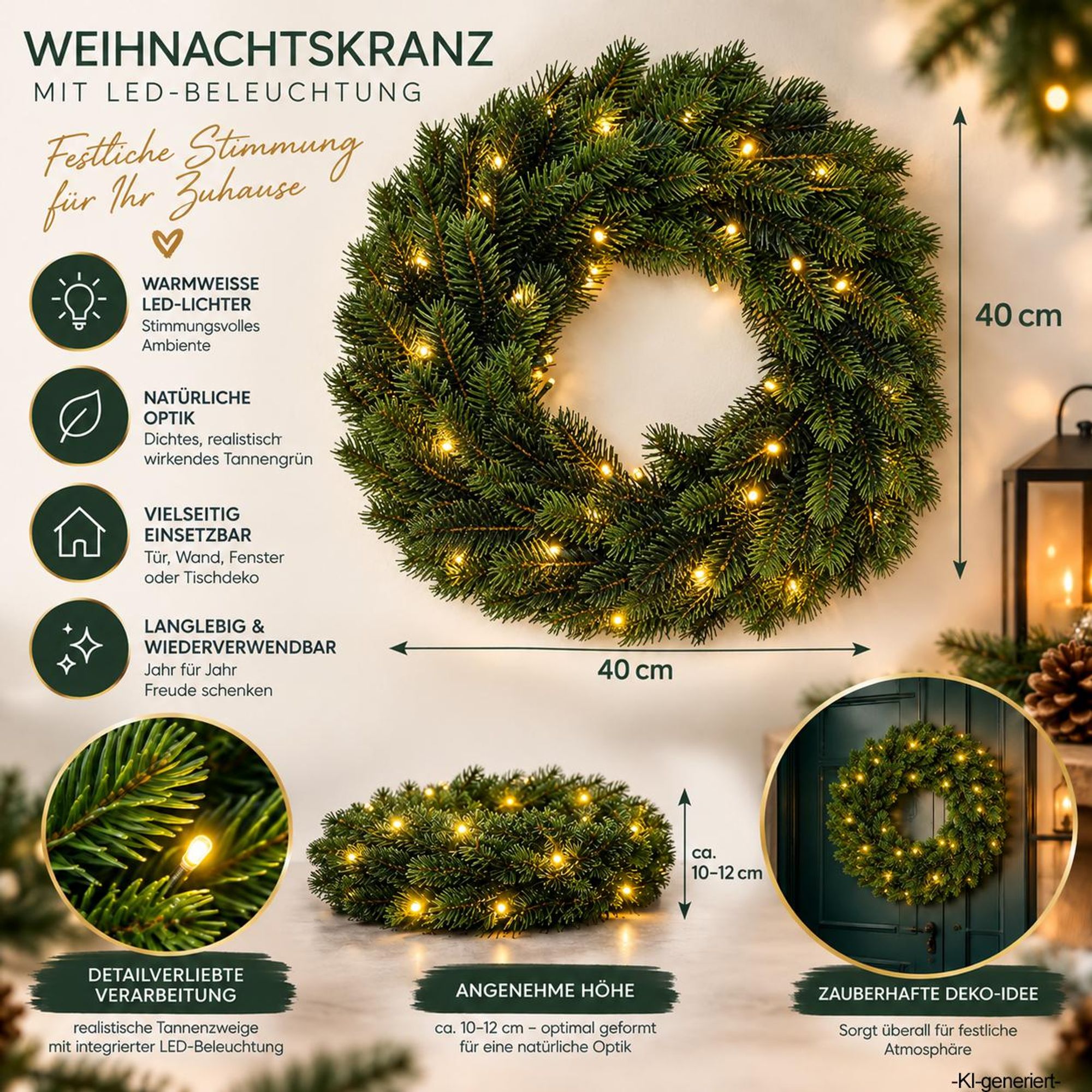 Hochwertiger Türkranz mit Beleuchtung Ø40cm - 49 LEDs -Türkranz, Adventskranz, Weihnachtskranz, Weihnachten - Innen und Außen - Batteriebetrieben