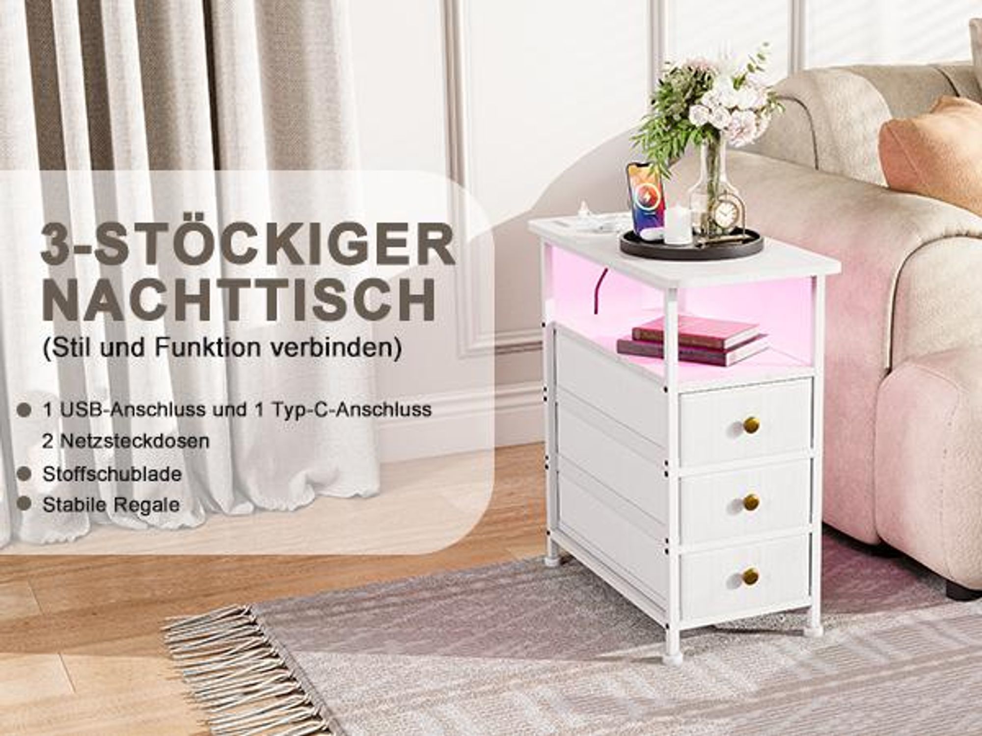 Fortuna Lai Beistelltisch mit Steckdose, Nachttisch mit Ladefunktion, Sofatisch schmal, mit 3 Schubladen 1 Ablagen, für Wohnzimmer Schlafzimmer, 60 x 30 x 62 cm, Weiß