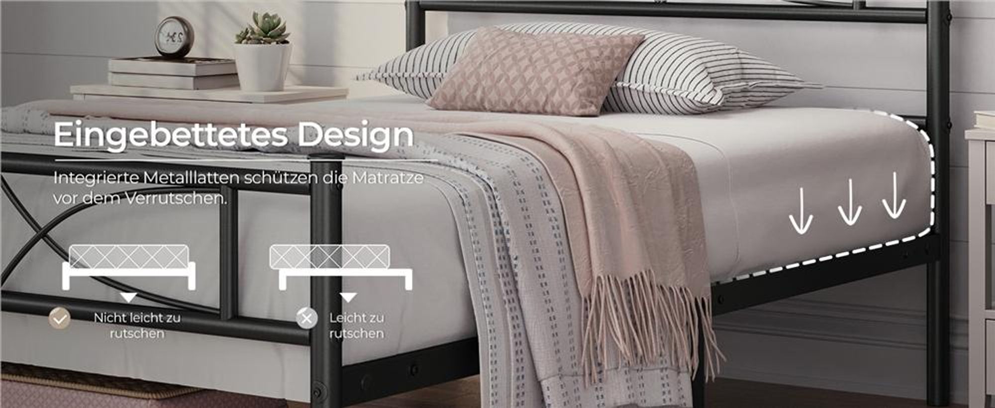 Yaheetech Metallbett Bettgestell 90 x 200 cm, Bettrahmen mit Flügelmuster Kopfteil, Schwarz