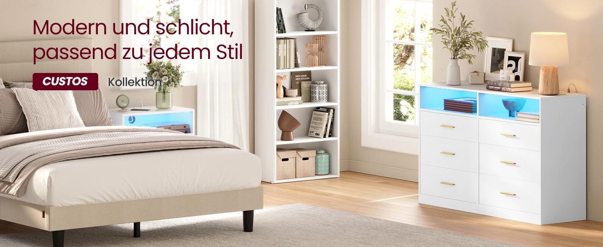 VASAGLE Kommode mit LED-Beleuchtung und Ladestation, 6 Schubladen, modern, Schlafzimmer Wohnzimmer, weiß
