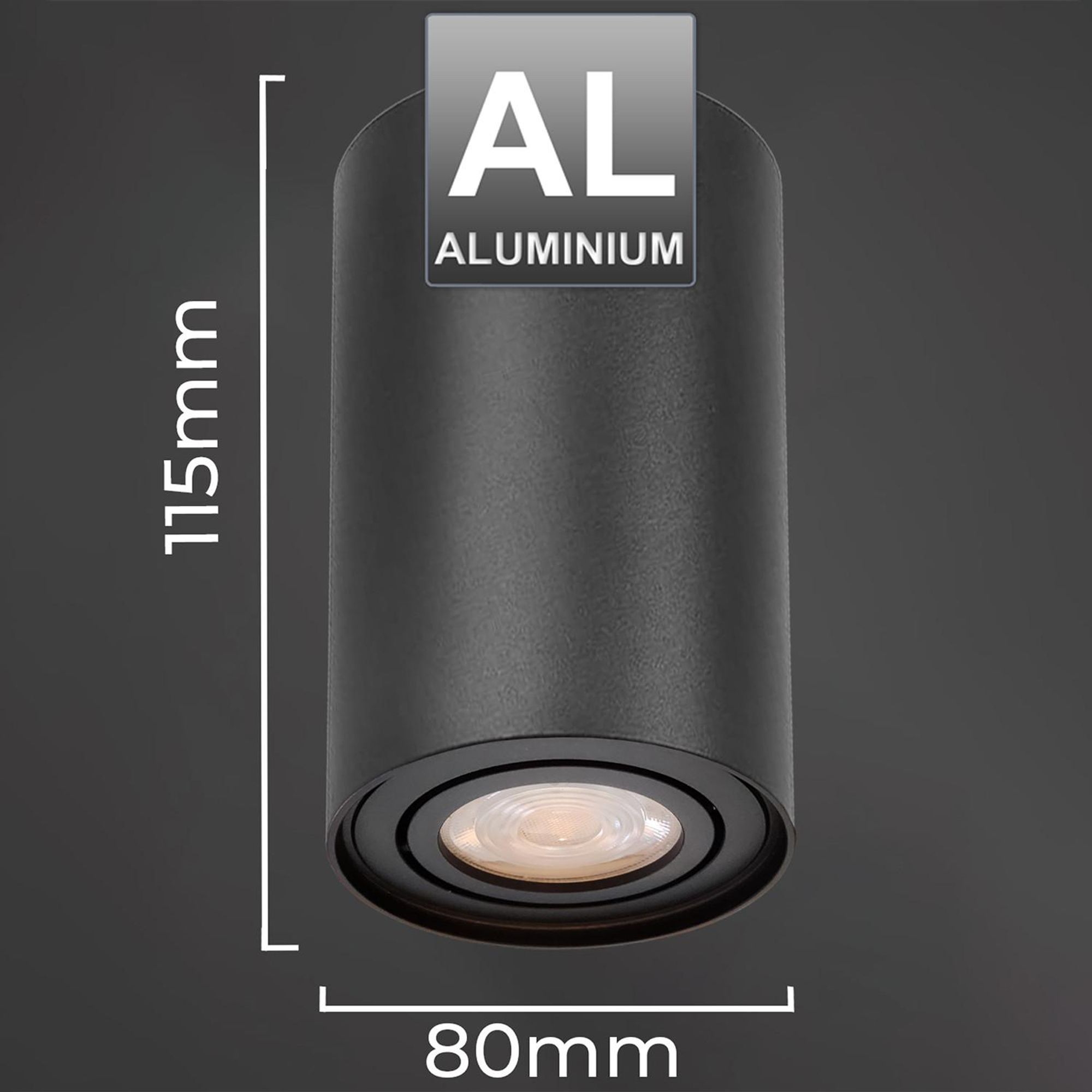 Deckenaufbauleuchte mit GU10 Fassung für LED & Halogen Leuchtmittel bis 40W Aufputz Schwenkbar Aluminium Schwarz, 1 Stück Rund
