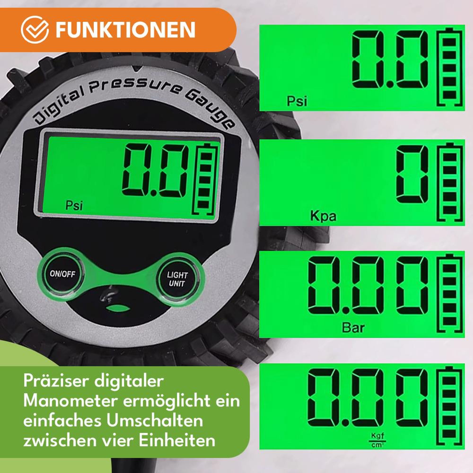 KRUMAD Digitaler Reifendruckfüller mit LCD, Automatische Druckeinstellung, Messbereich 0–16 bar, Luftprüfer für Auto & Fahrrad, Metallgehäuse