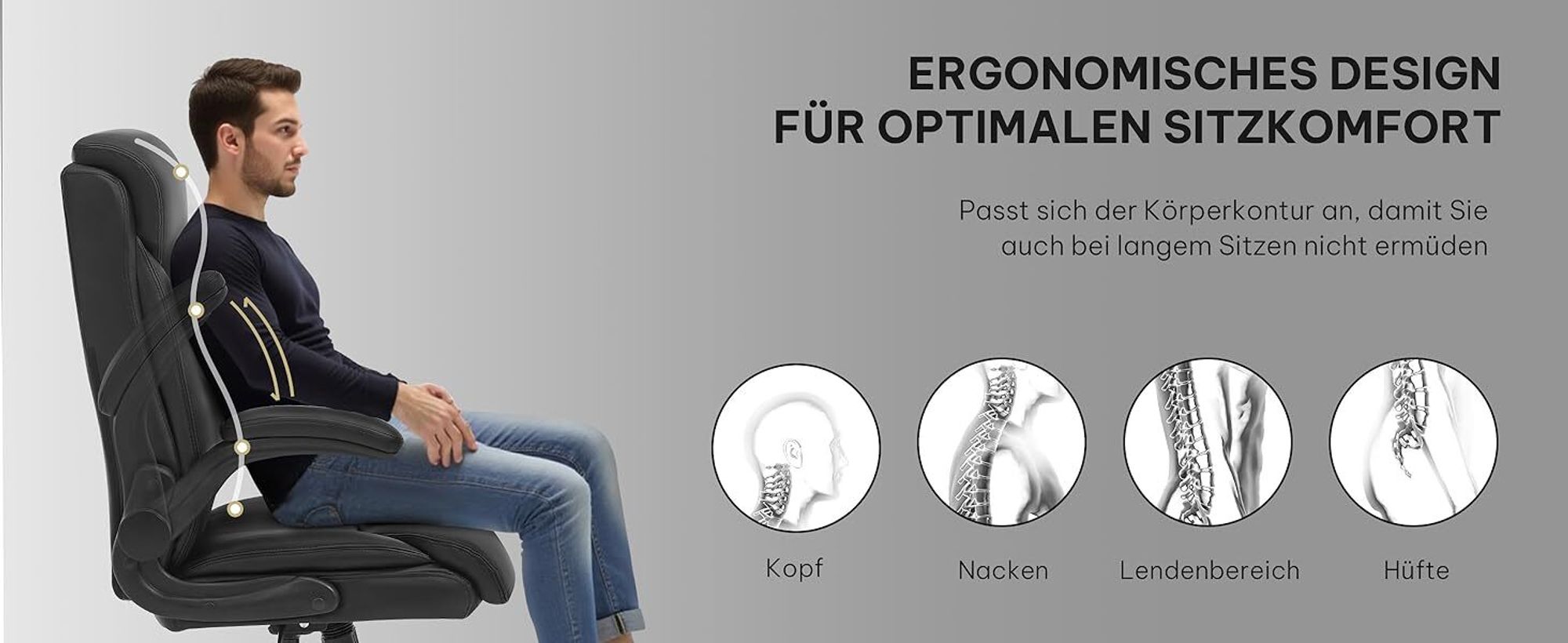 EUGAD Bürostuhl ergonomisch, Chefsessel 150 kg, Drehstuhl mit Rollen, hochklappbare Armlehnen, Sitzfläche aus PU, Schwarz