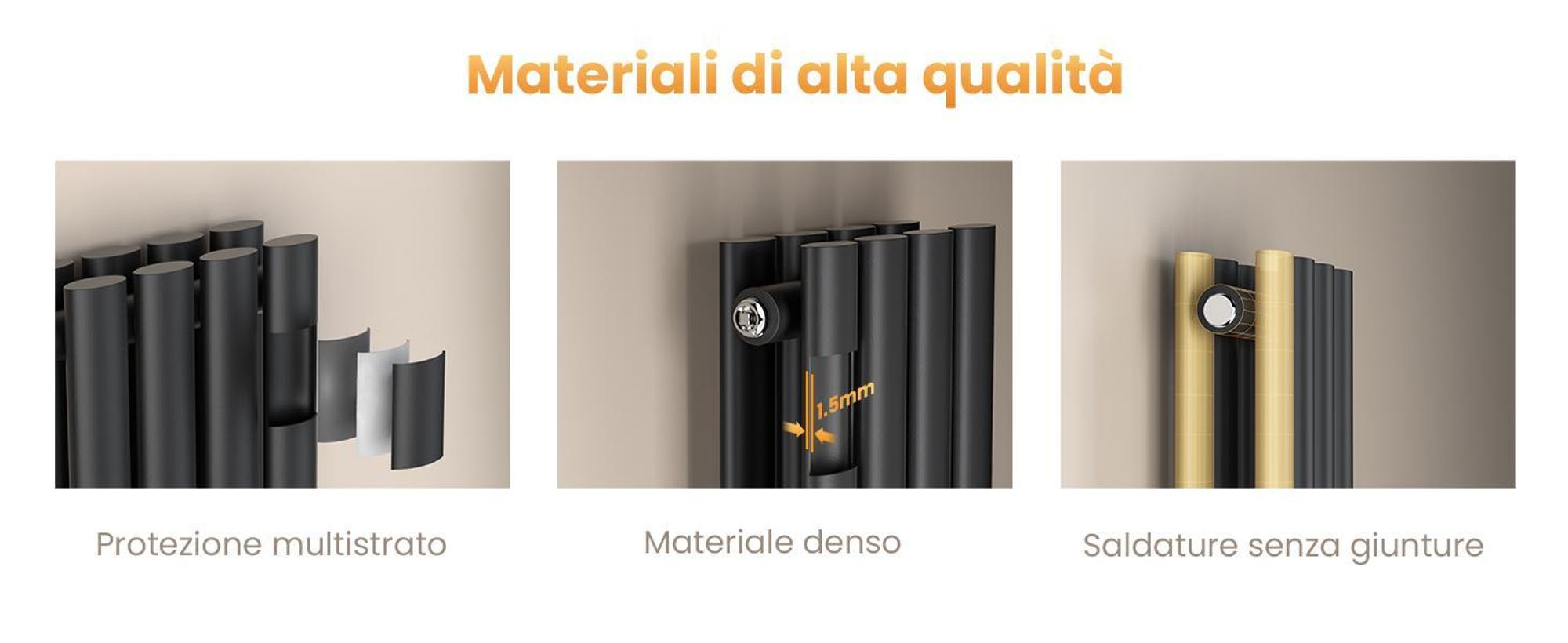 Radiatore tubolare di design EMKE per il funzionamento ad acqua calda con attacco centrale verticale ovale a doppio strato 678 watt 24 cm x 180 cm antracite senza elemento riscaldante