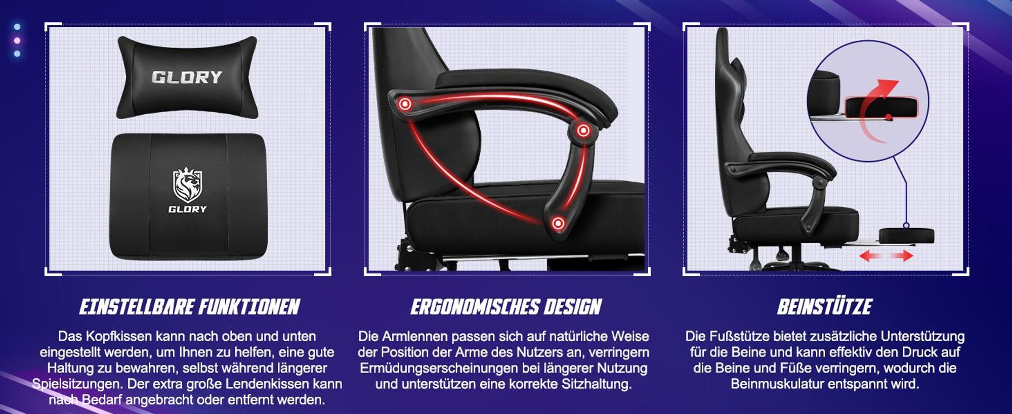 Aiibot Gaming Stuhl Bürostuhl Schreibtischstuhl Ergonomischer Gaming Sessel mit Fußstütze und Lordosenstütze, Wippfunktion90°-170°, Schwarz