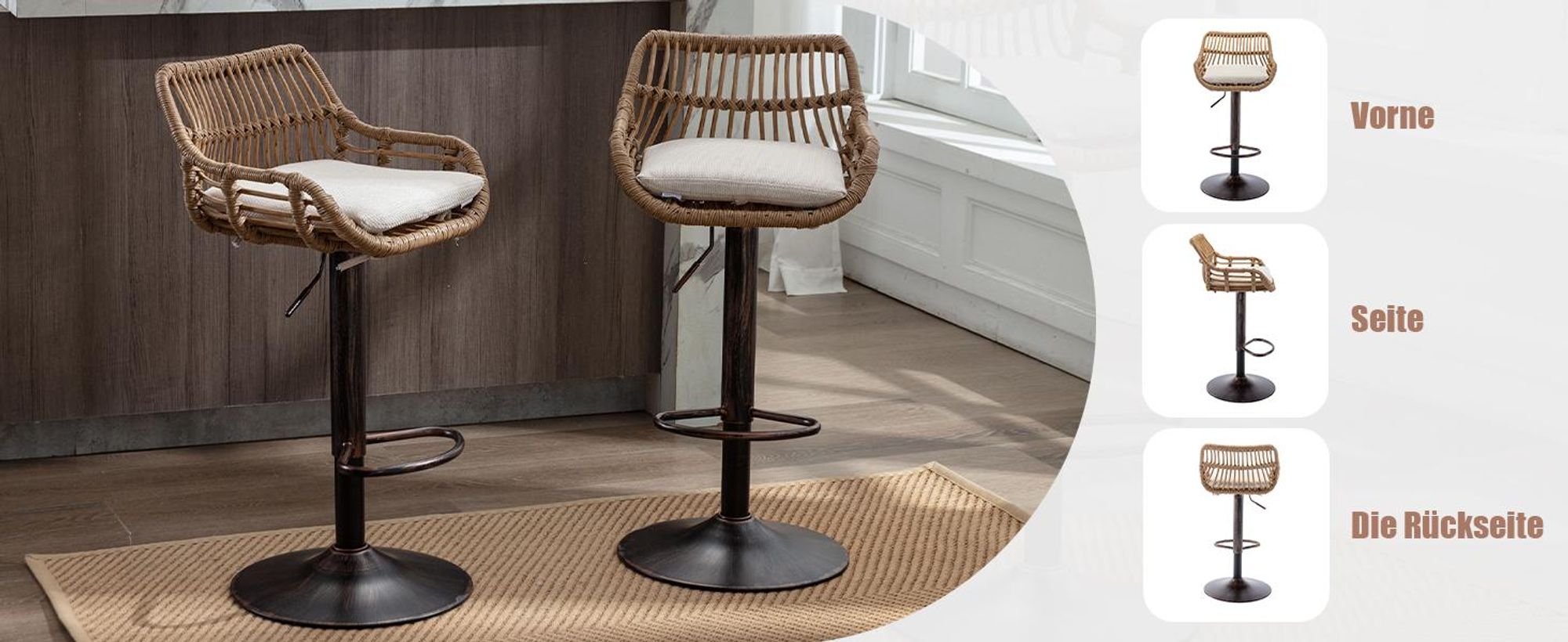 LVHOM 2er Set Barhocker Rattan mit Metallsockel, Barstuhl mit Rückenlehne, Gartenmöbel Balkonmöbel, höhenverstellbar Hocker 360° drehbar, Beige